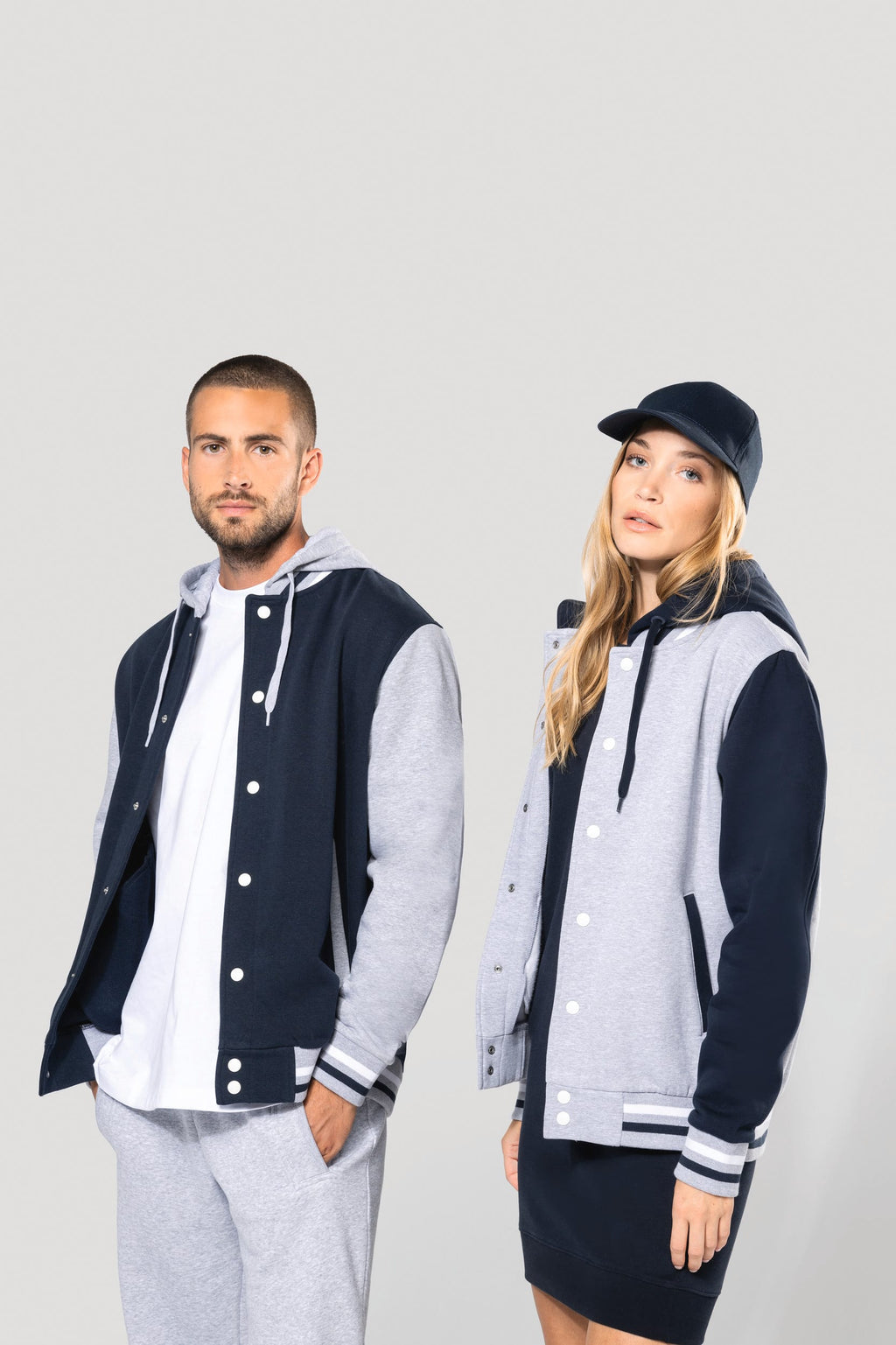 Blusão Teddy com capuz - Azul marinho / Cinzento oxford / Branco