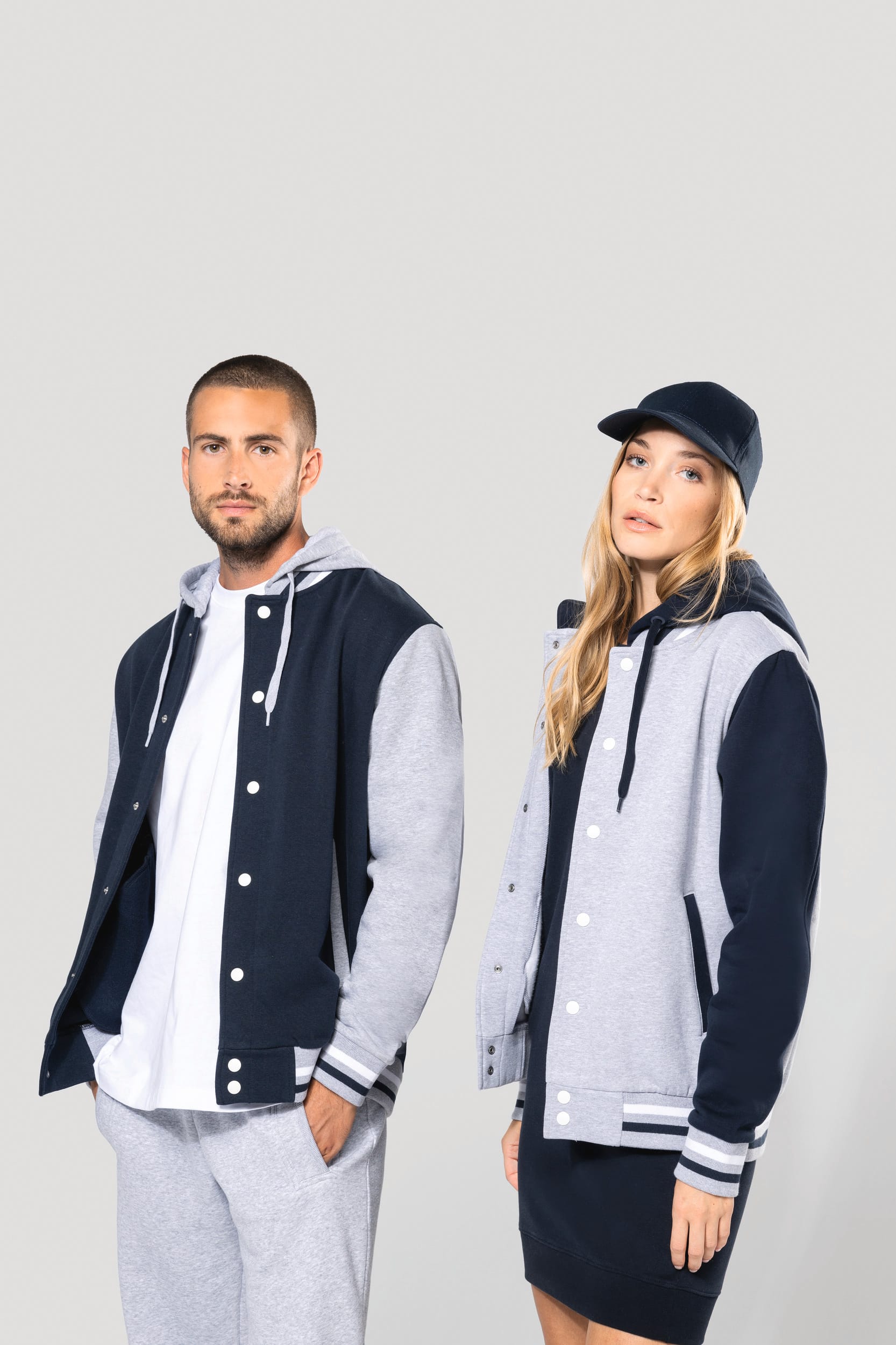 Blusão Teddy com capuz - Azul marinho / Cinzento oxford / Branco
