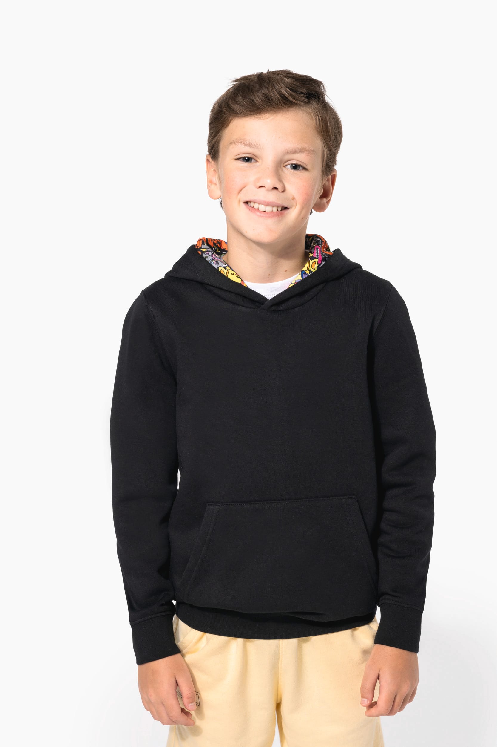 Sweatshirt com capuz em contraste estampado de criança