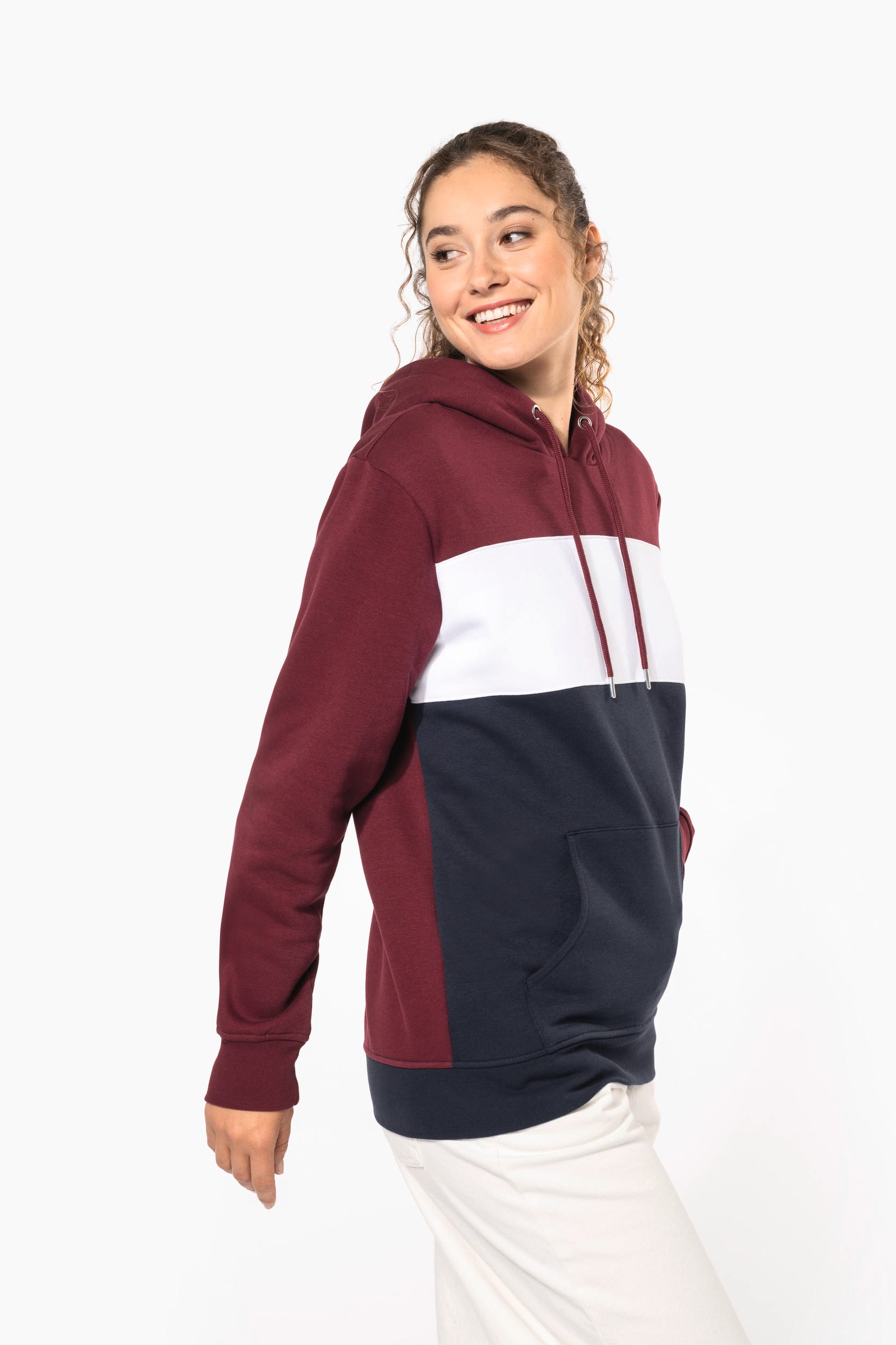 Sweatshirt tricolor com capuz unissexo
