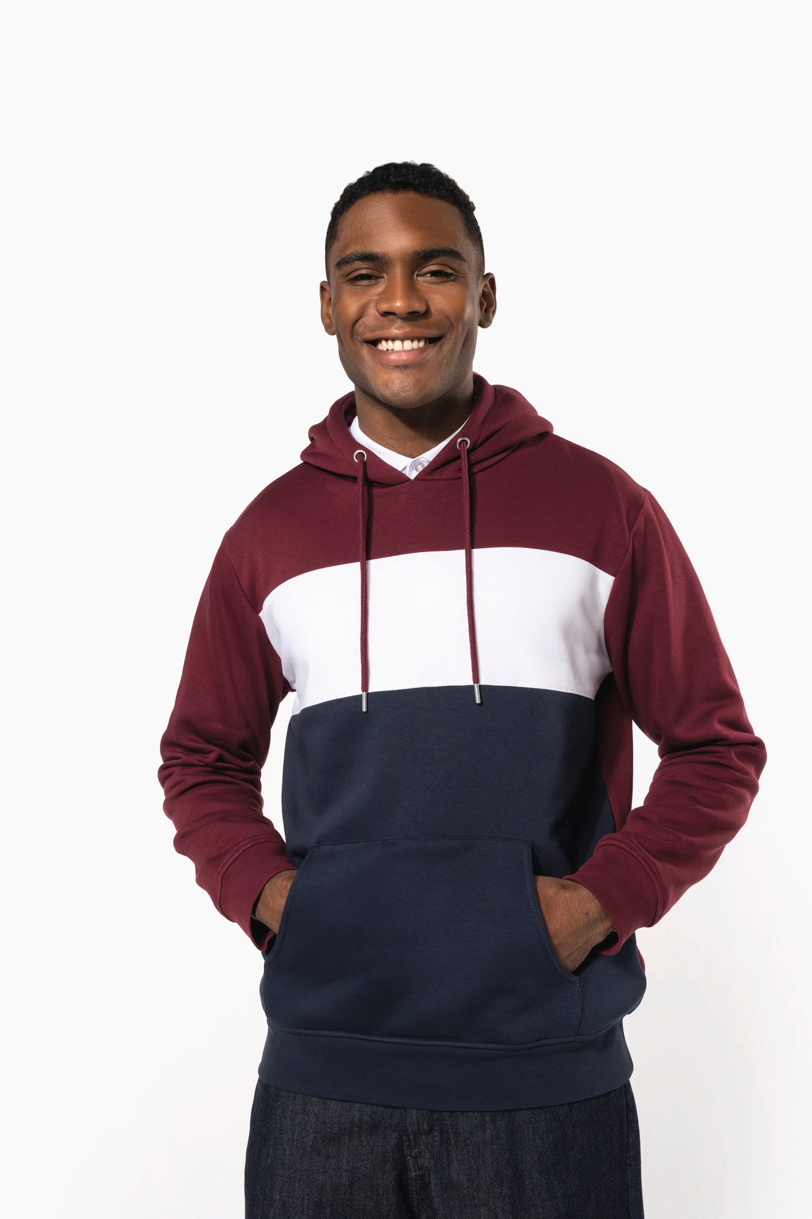 Sweatshirt tricolor com capuz unissexo