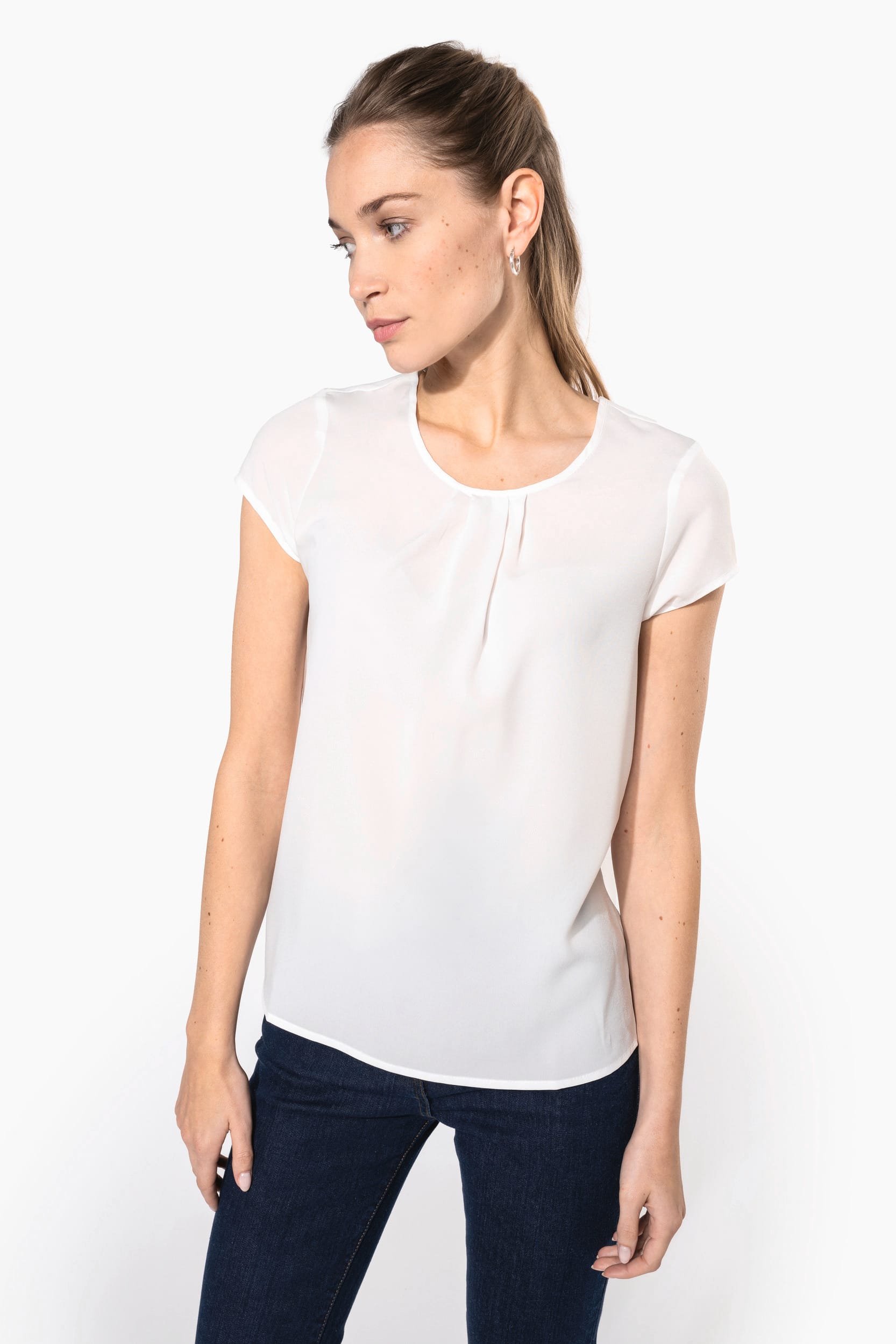Blusa de senhora em crepe de manga curta - Azul oceano