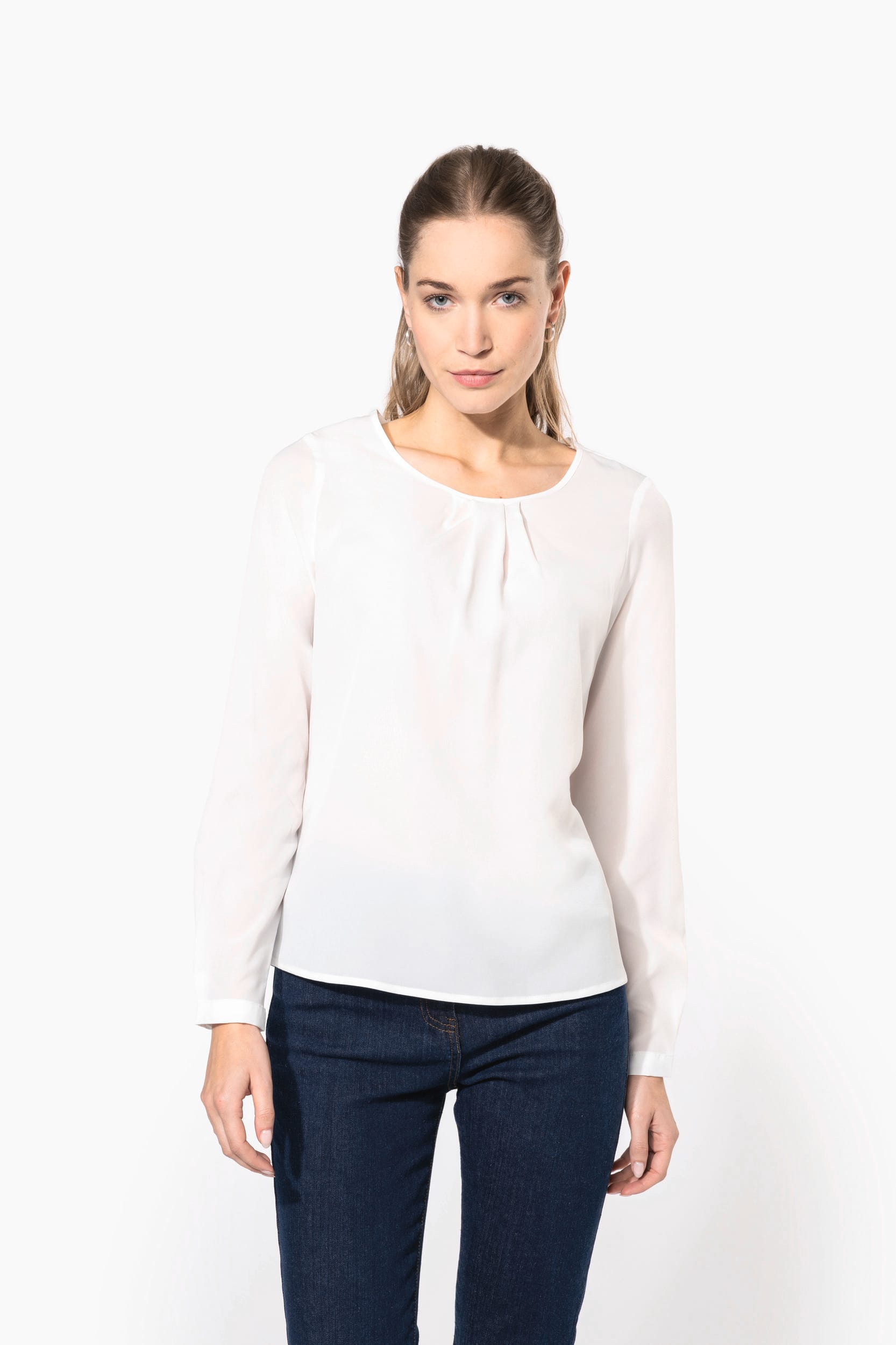 Blusa de senhora em crepe de manga comprida - Azul oceano