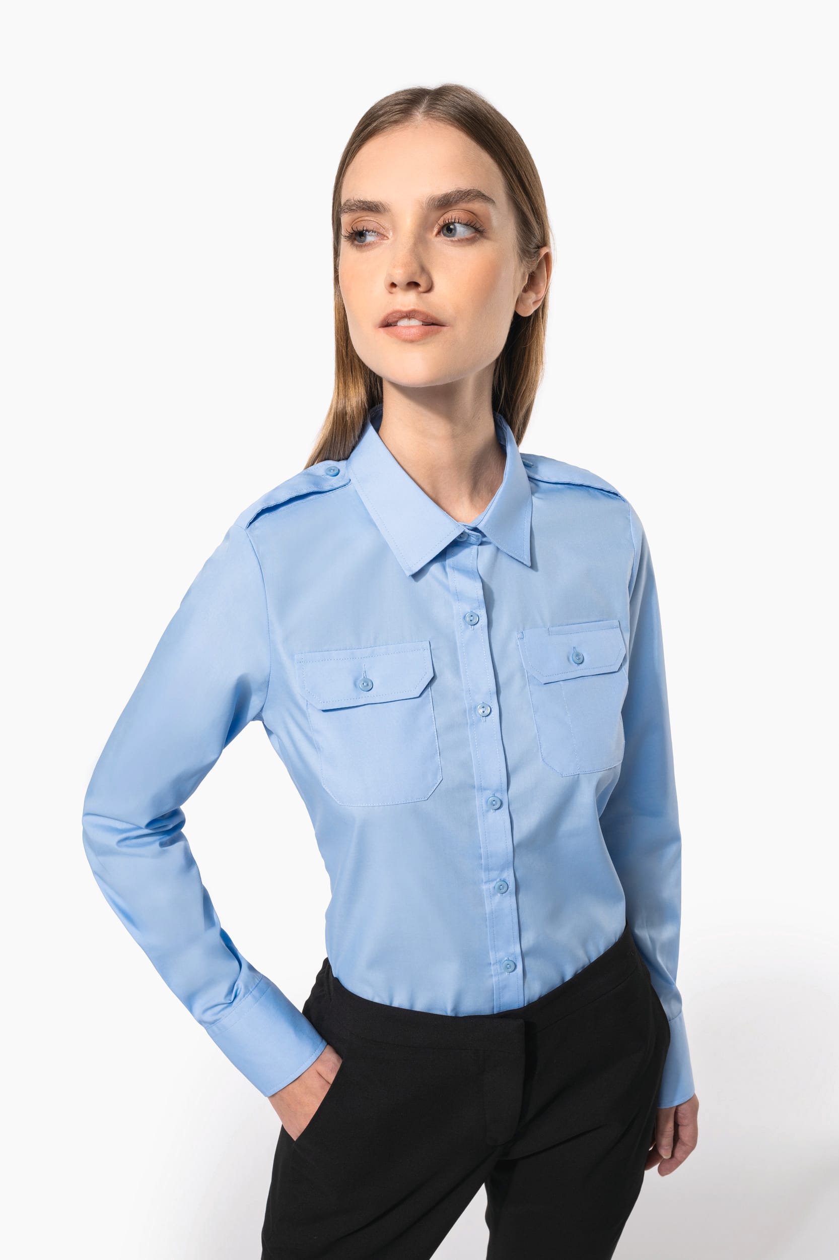 Camisa piloto de senhora de manga comprida - Branco