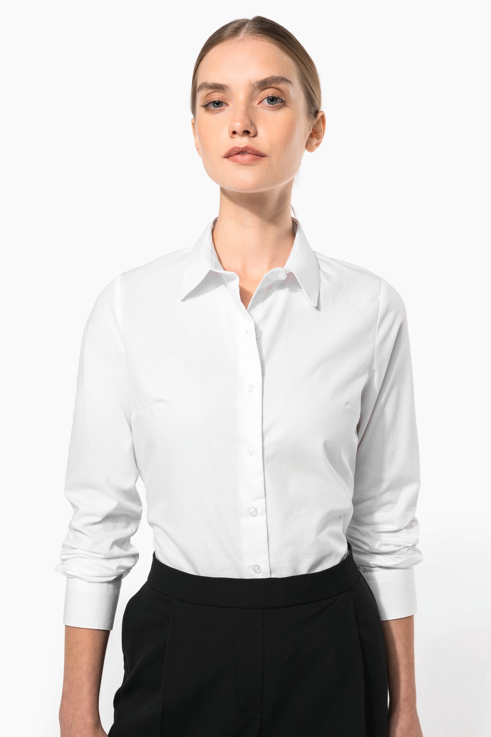 Camisa de senhora em popeline de manga comprida