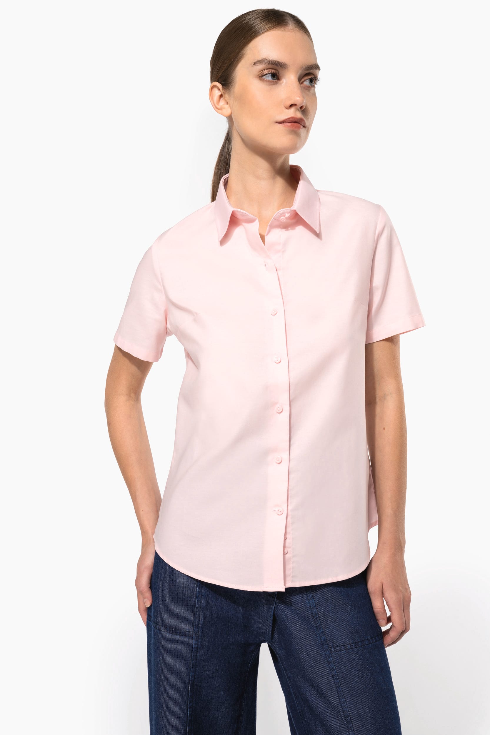 Camisa de senhora manga curta em Oxford tratamento fácil - Azul oxford