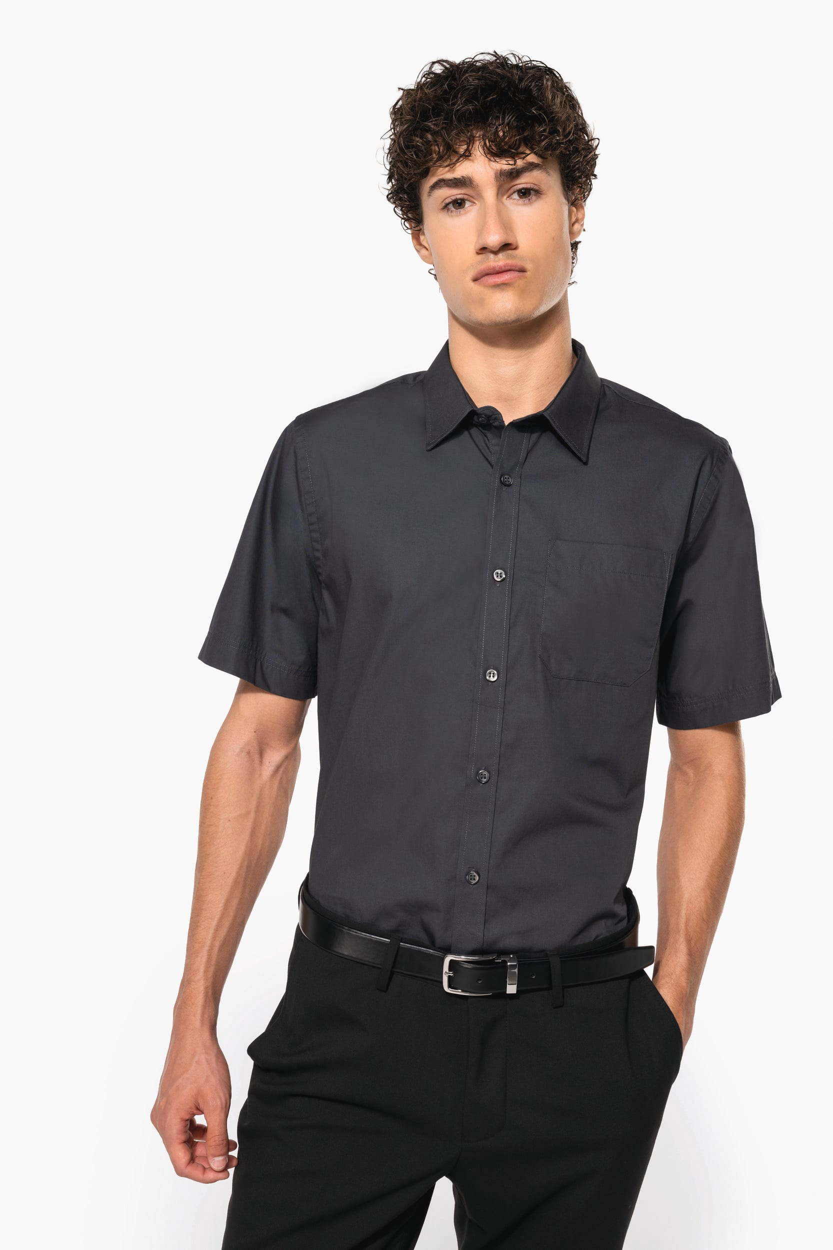 Camisa de manga curta em popeline tratamento fácil - Preto