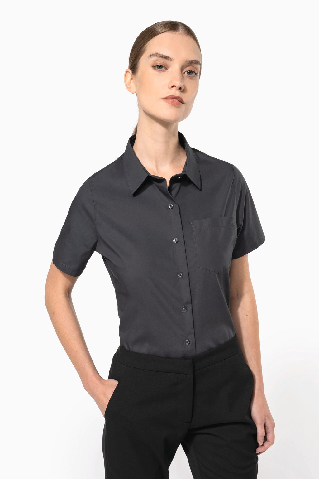 Camisa de senhora manga curta em popeline tratamento fácil - Preto