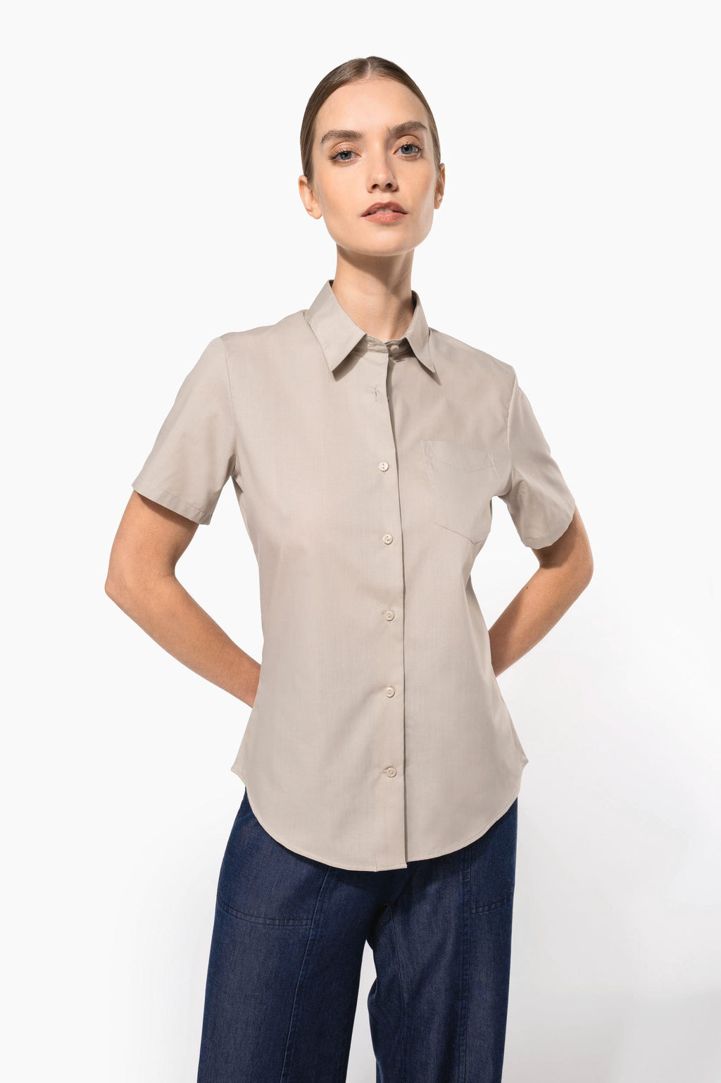 Camisa popeline poliéster / algodão manga curta de tratamento fácil de senhora - Preto