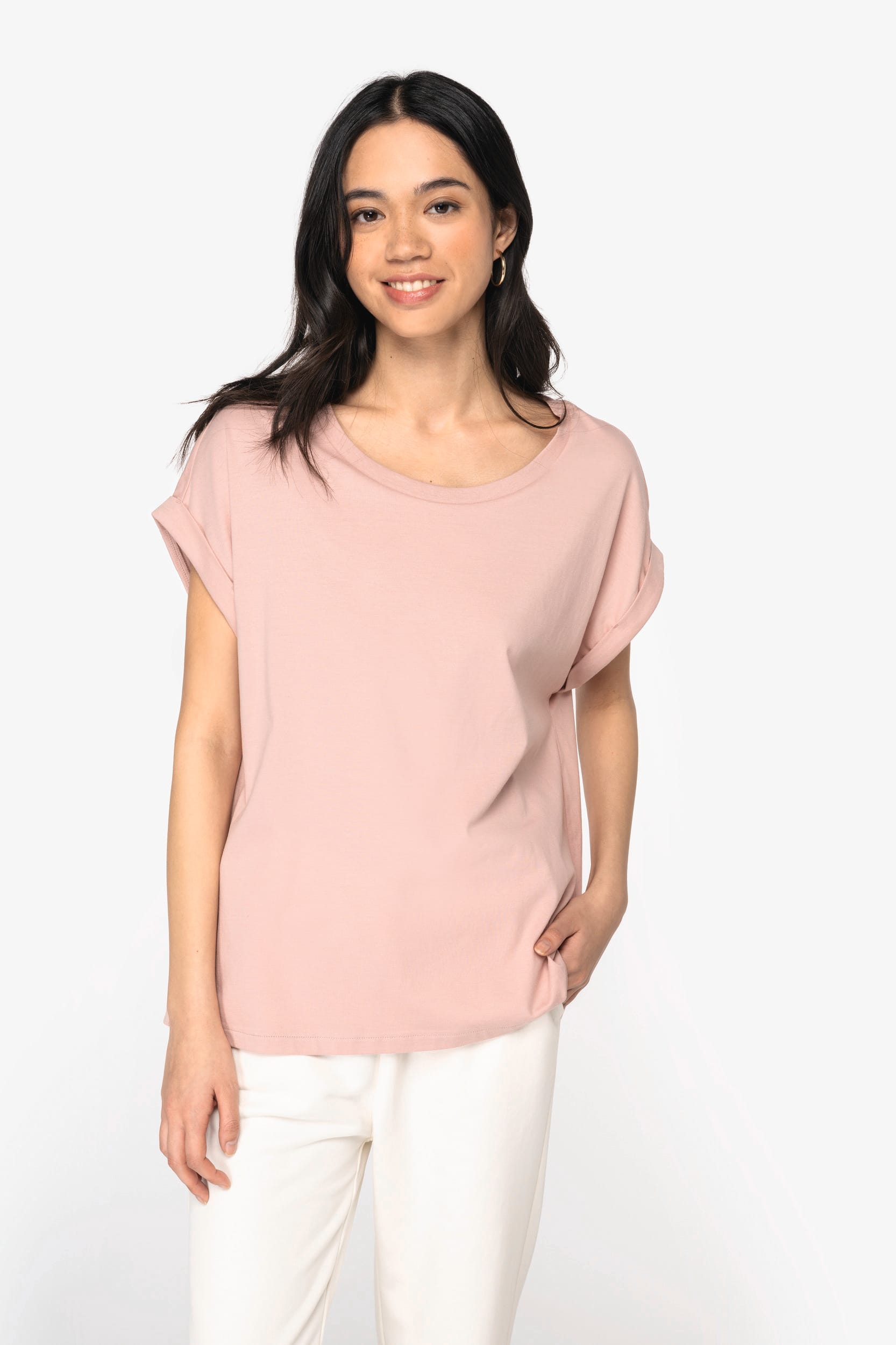 T-shirt sustentável com mangas com dobra de senhora - Preto