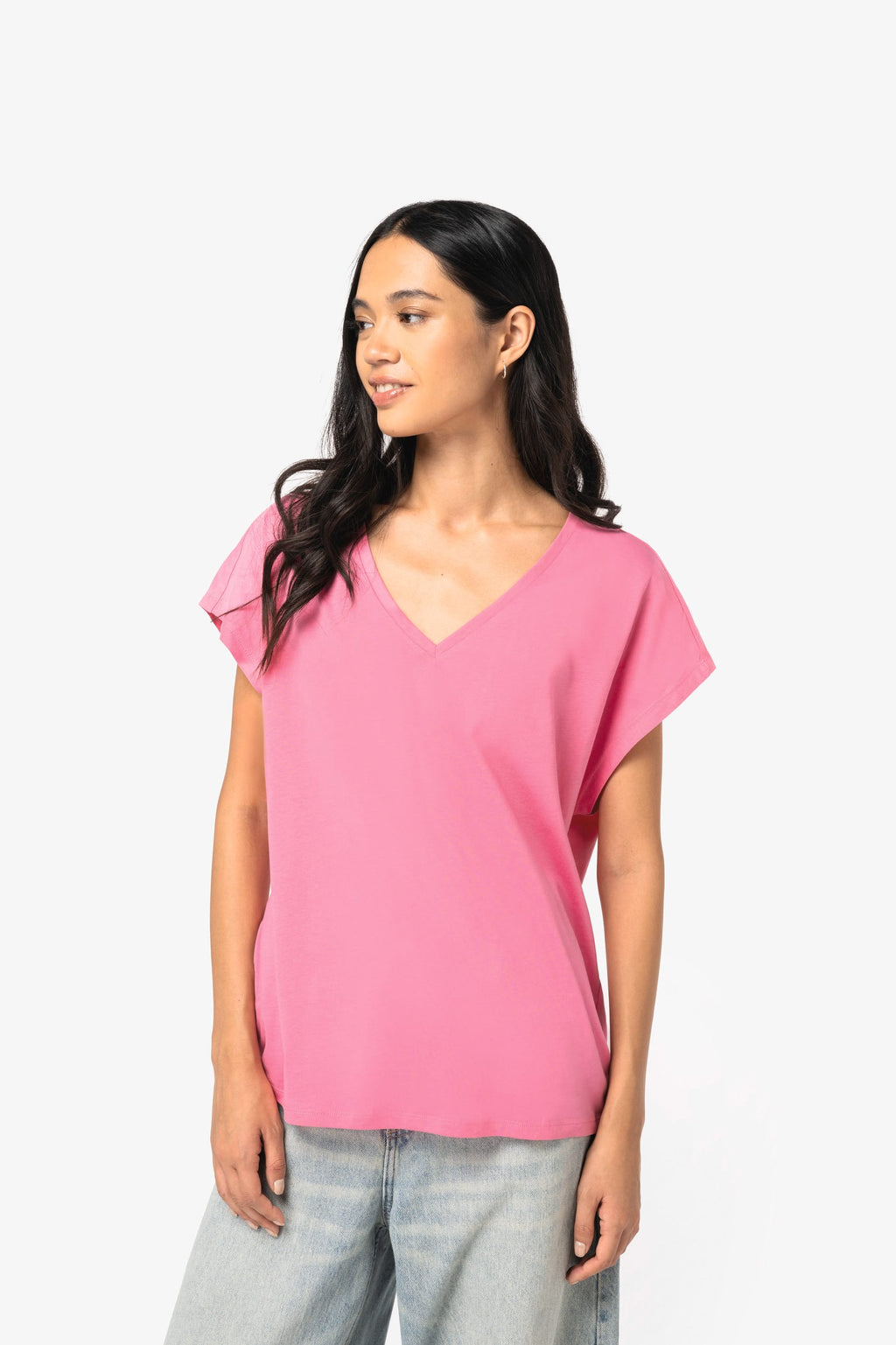 T-shirt loose sustentável decote V de senhora - Damasco