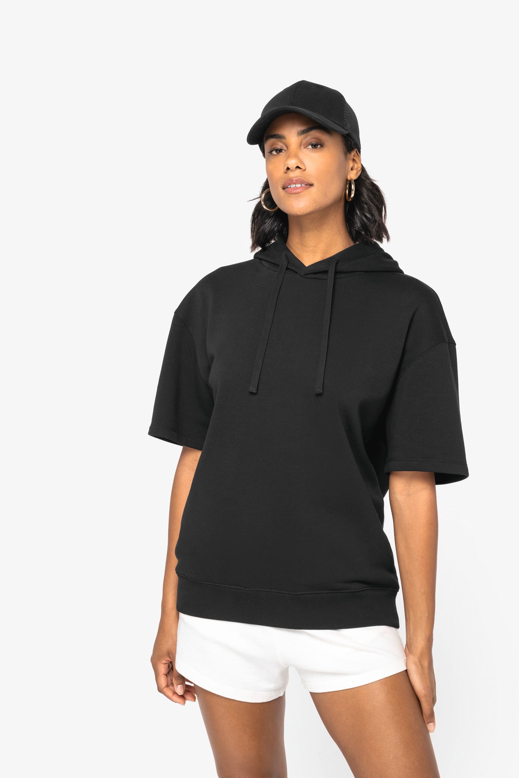 Sweatshirt sustentável com capuz e ombros descaídos manga curta French Terry unissexo