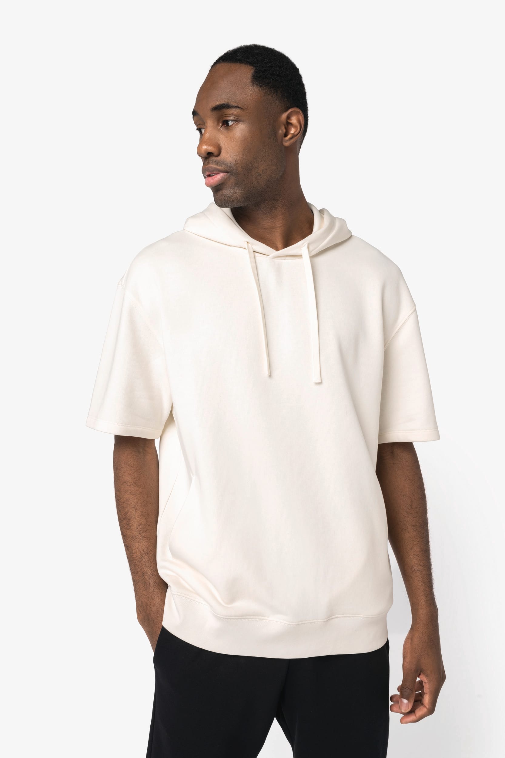 Sweatshirt sustentável com capuz e ombros descaídos manga curta French Terry unissexo