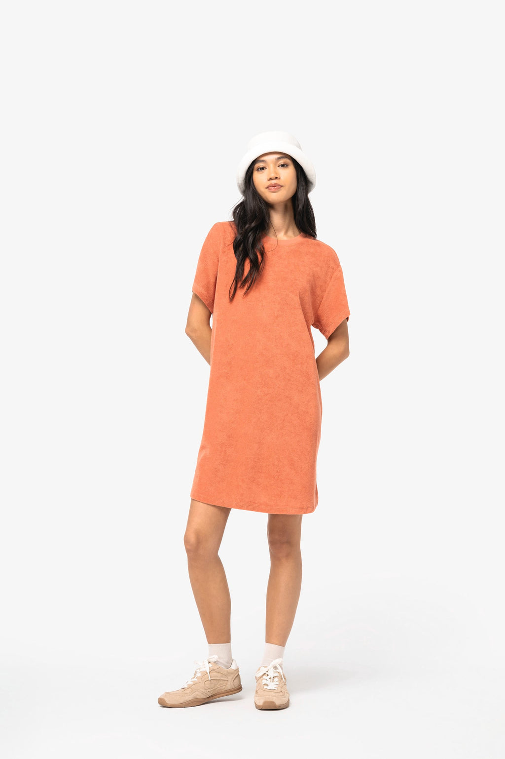Vestido sustentável em malha turca com ombros descaídos de senhora - Marfim