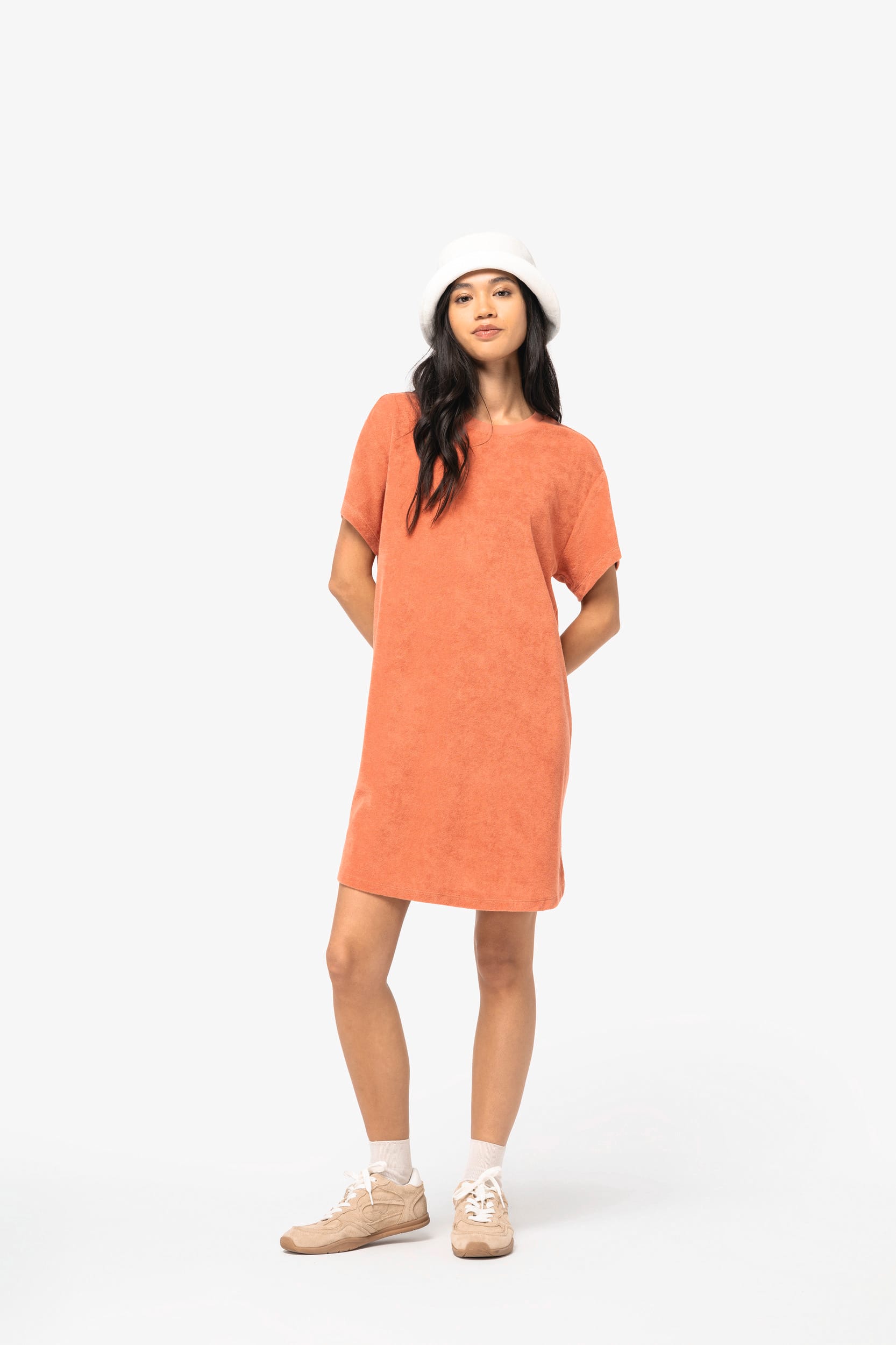 Vestido sustentável em malha turca com ombros descaídos de senhora - Marfim
