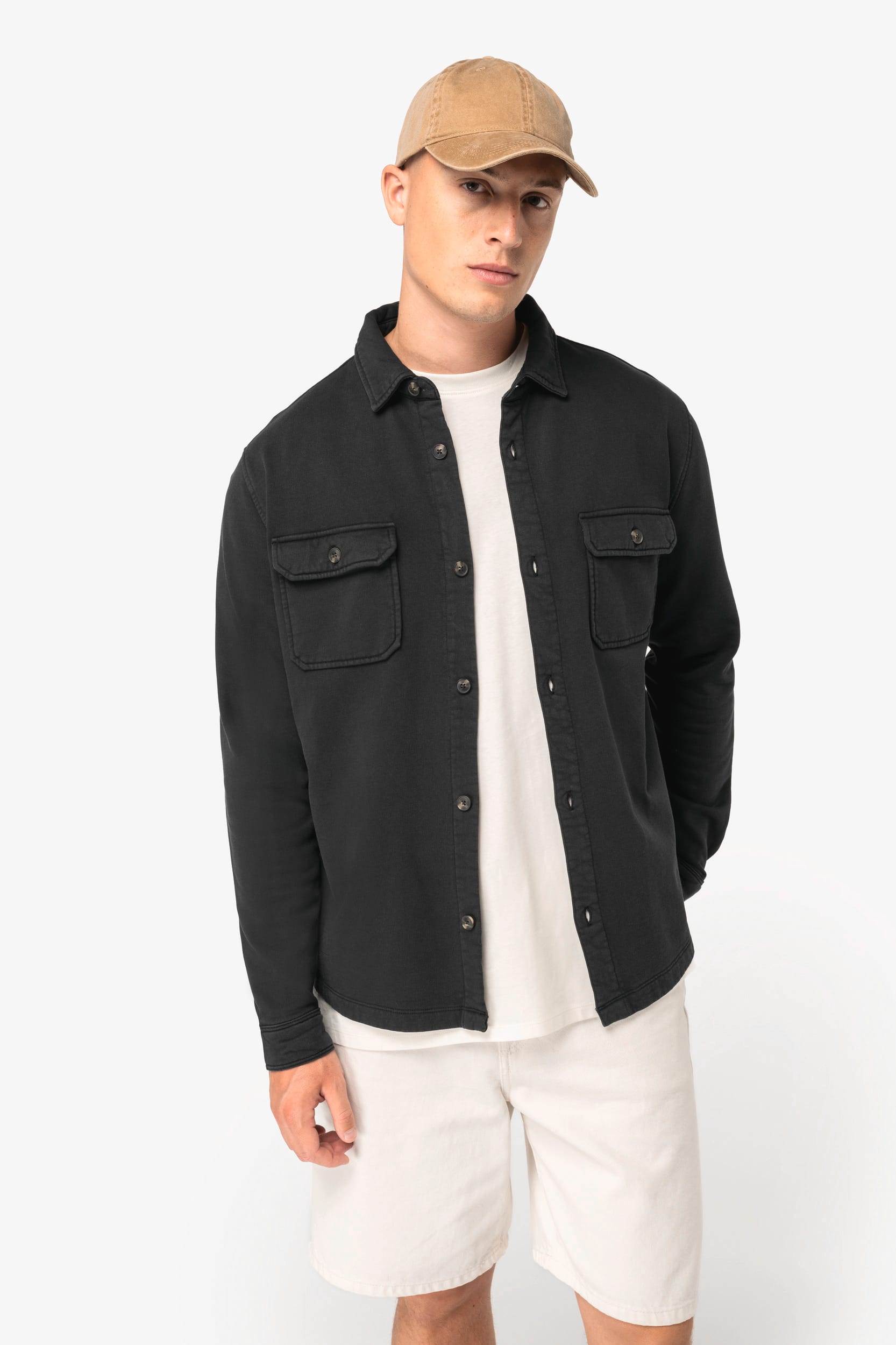 Sobrecamisa cardada sustentável com aspecto lavado de homem - Preto lavado