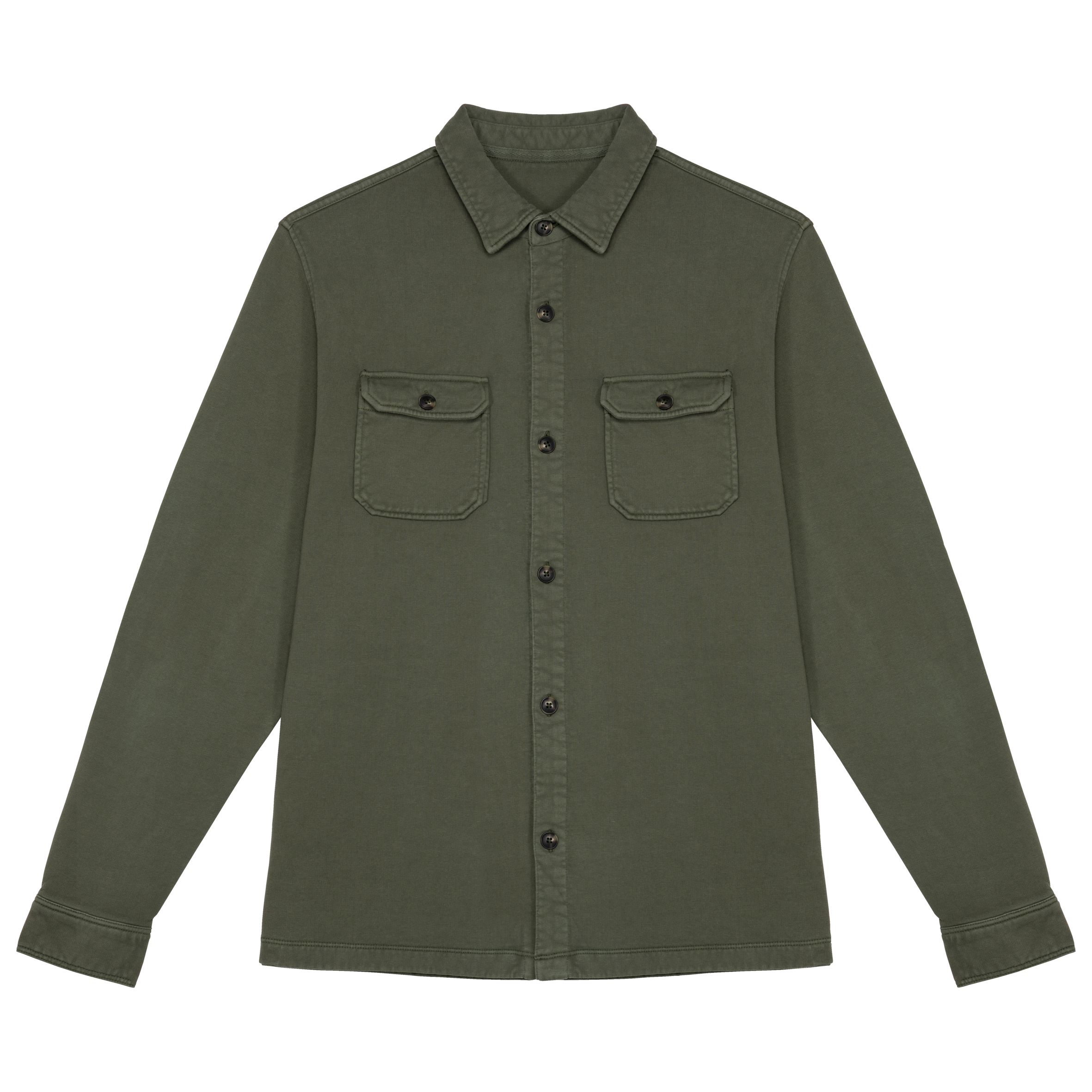 Sobrecamisa cardada sustentável com aspecto lavado de homem - Caqui orgânico lavado