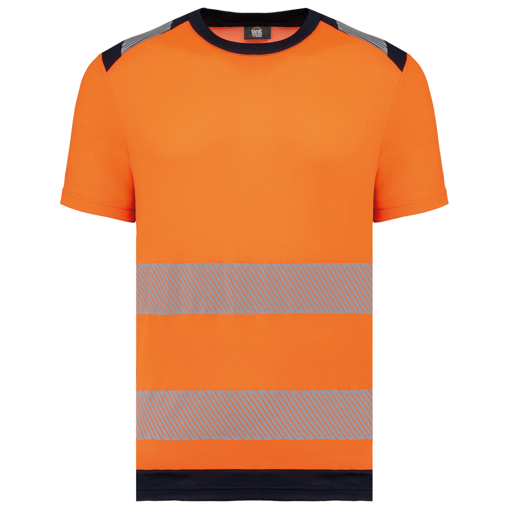 T-shirt de segurança em material reciclado manga curta unissexo - Laranja de alta visibilidade / Azul marinho