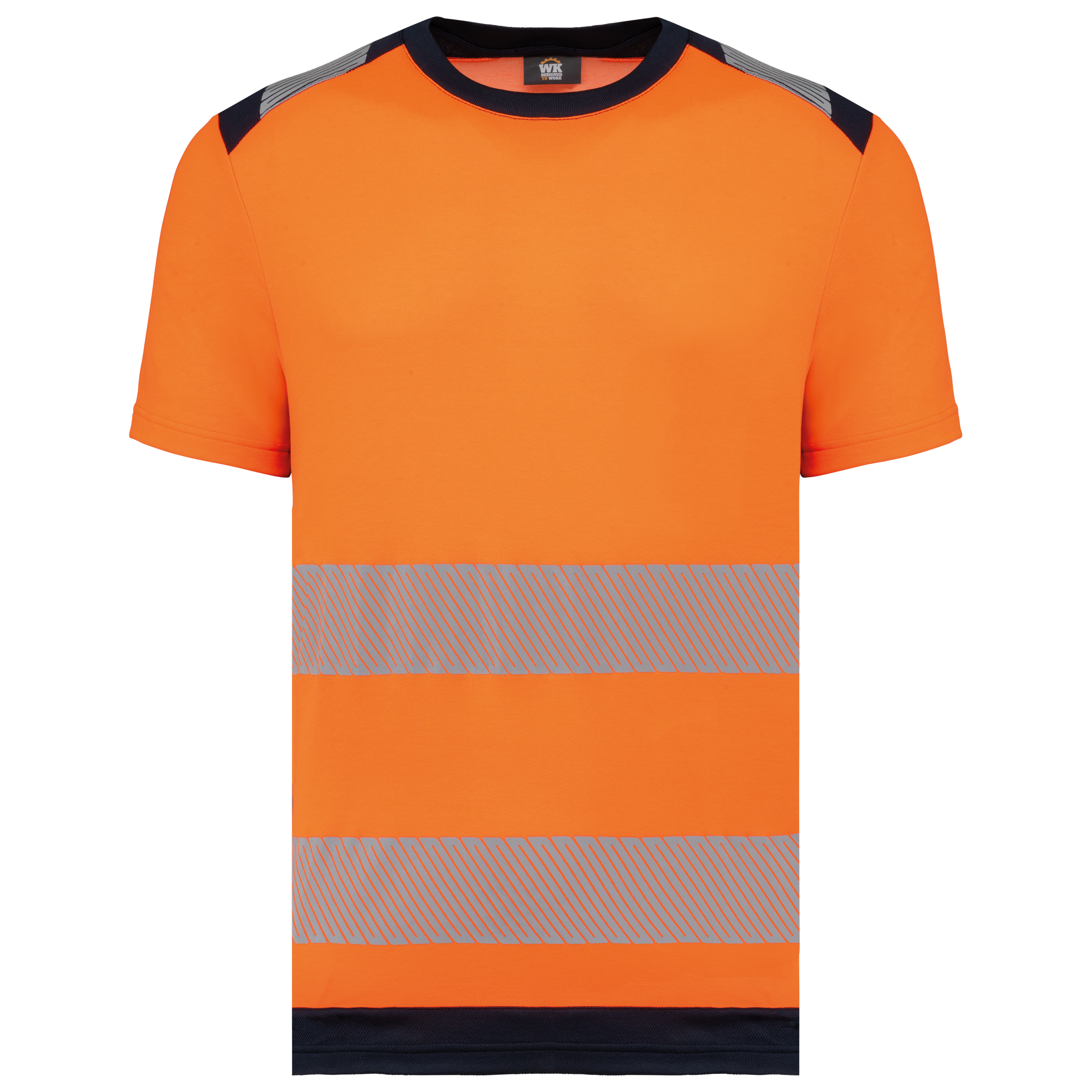 T-shirt de segurança em material reciclado manga curta unissexo - Laranja de alta visibilidade / Azul marinho