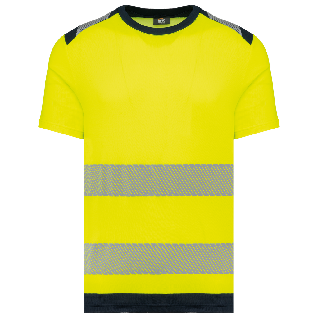 T-shirt de segurança em material reciclado manga curta unissexo - Amarelo de alta visibilidade / Azul marinho