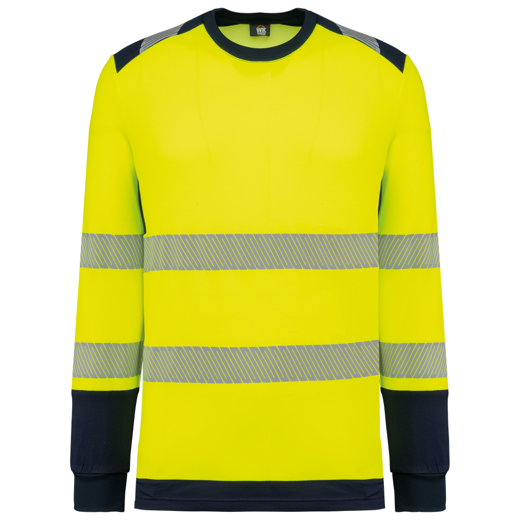 T-shirt de segurança em material reciclado decote redondo manga comprida unissexo - Amarelo de alta visibilidade / Azul marinho