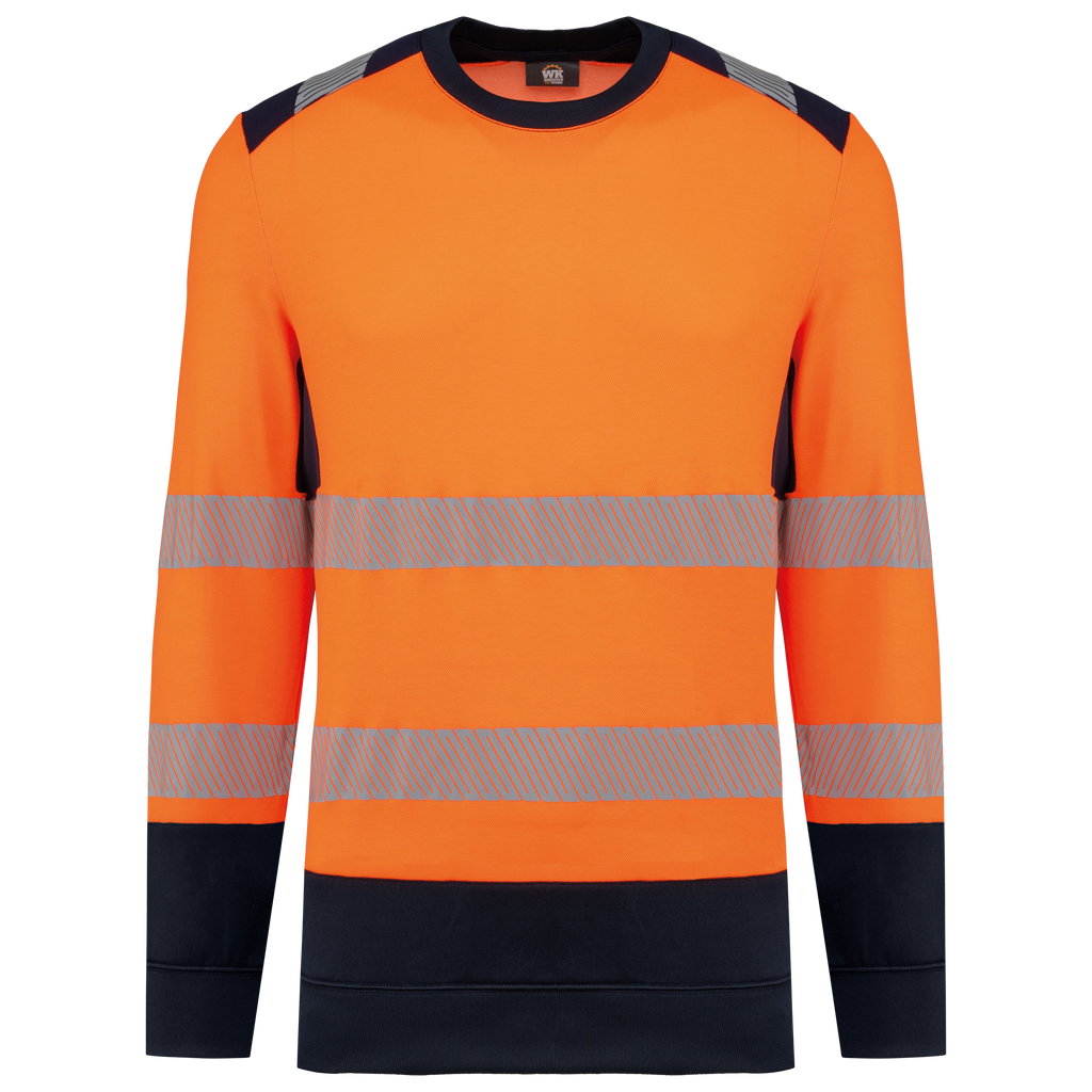 Sweatshirt de segurança em material reciclado decote redondo unissexo - Laranja de alta visibilidade / Azul marinho