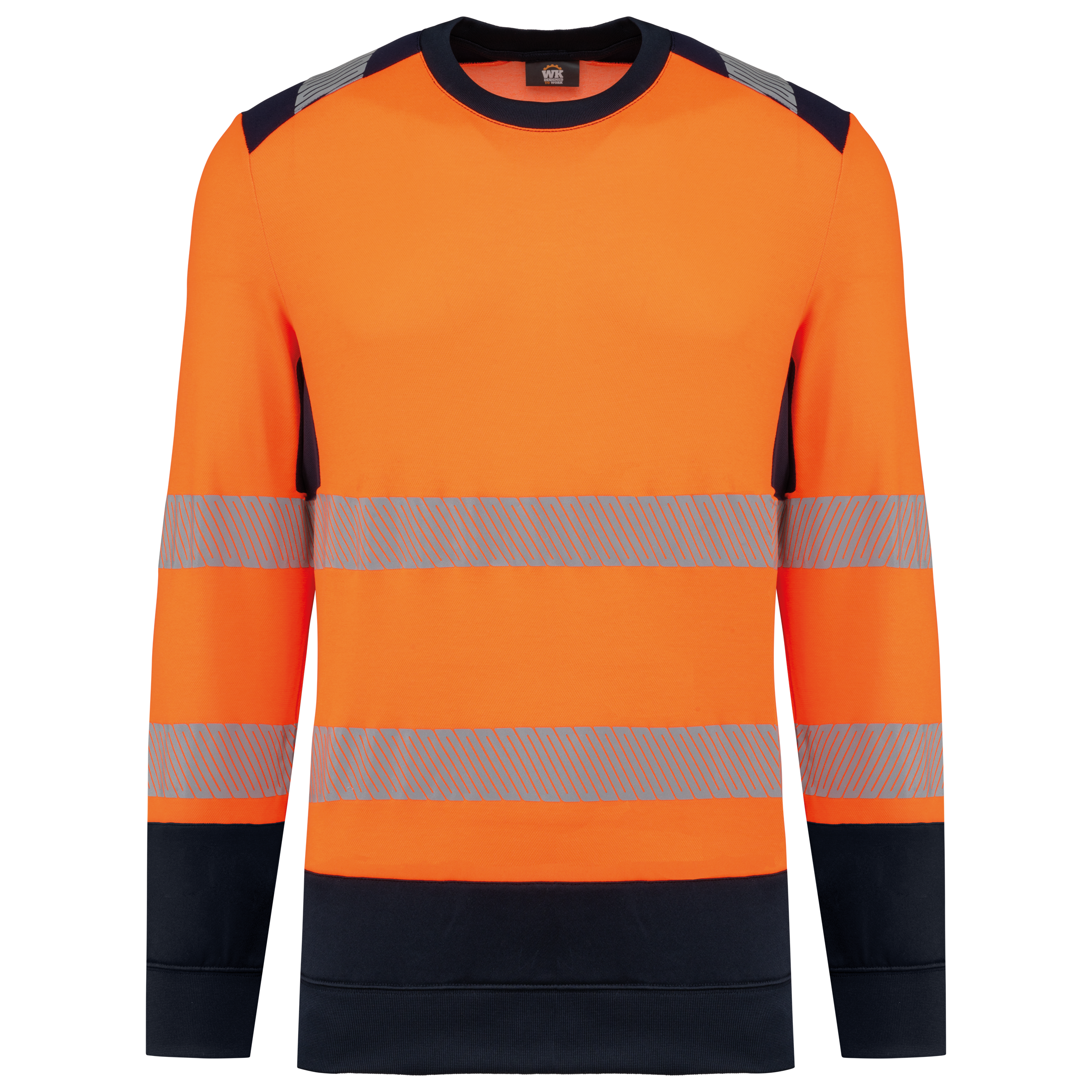 Sweatshirt de segurança em material reciclado decote redondo unissexo - Laranja de alta visibilidade / Azul marinho