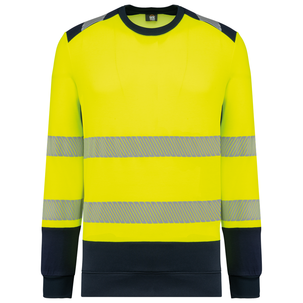 Sweatshirt de segurança em material reciclado decote redondo unissexo - Amarelo de alta visibilidade / Azul marinho