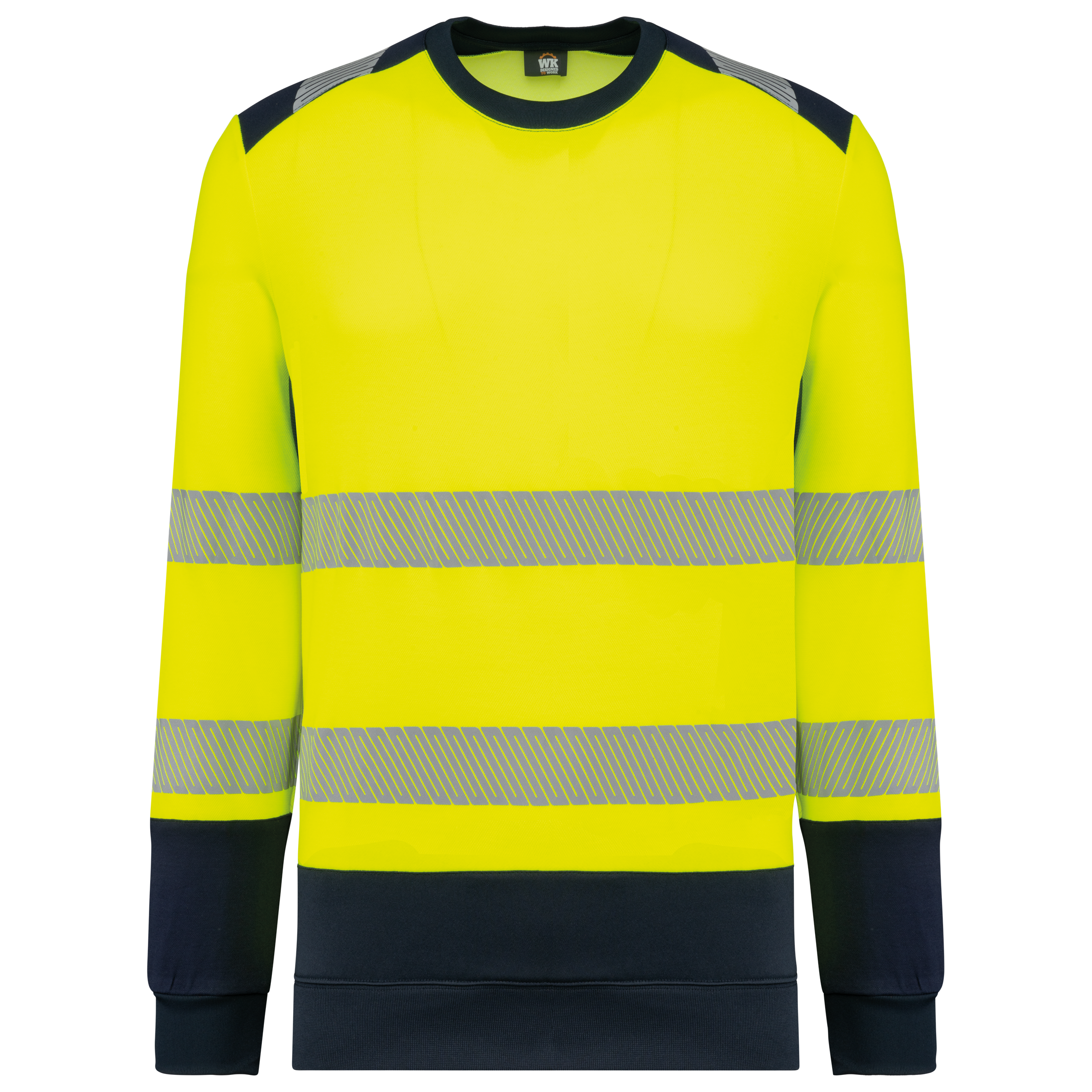 Sweatshirt de segurança em material reciclado decote redondo unissexo - Amarelo de alta visibilidade / Azul marinho