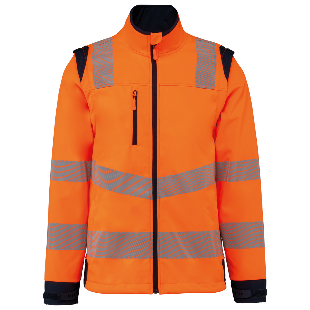 Casaco softshell de segurança em material reciclado com mangas amovíveis unissexo - Laranja de alta visibilidade / Azul marinho