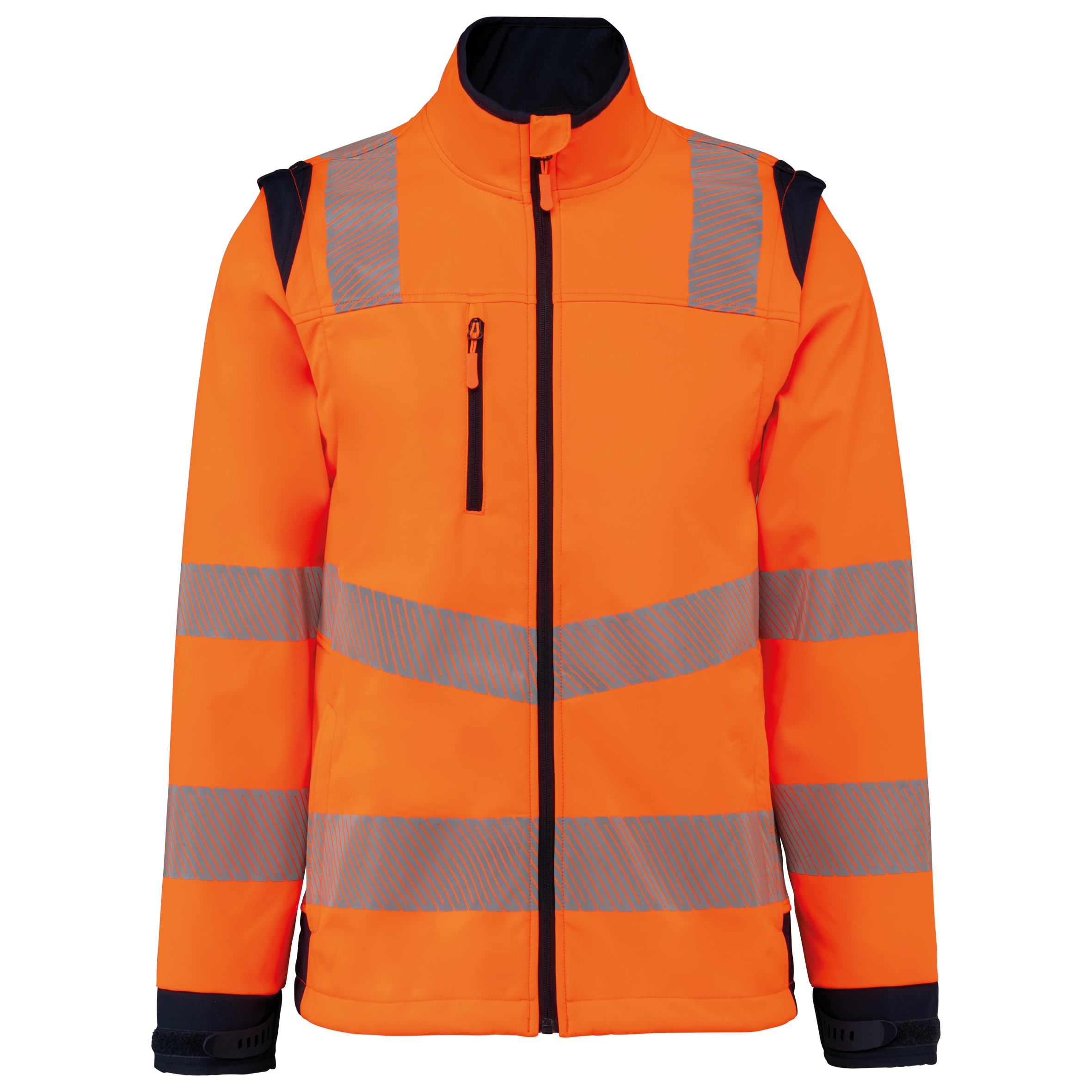 Casaco softshell de segurança em material reciclado com mangas amovíveis unissexo - Laranja de alta visibilidade / Azul marinho