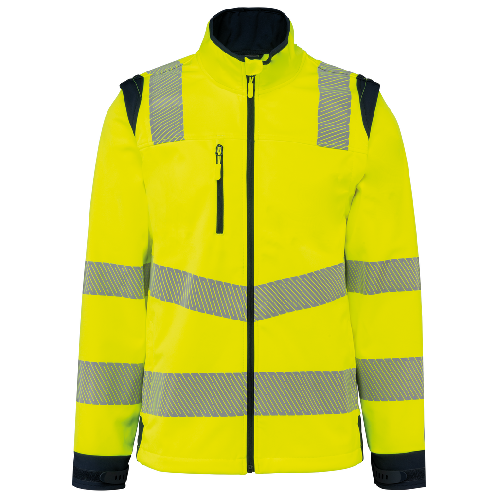 Casaco softshell de segurança em material reciclado com mangas amovíveis unissexo - Amarelo de alta visibilidade / Azul marinho