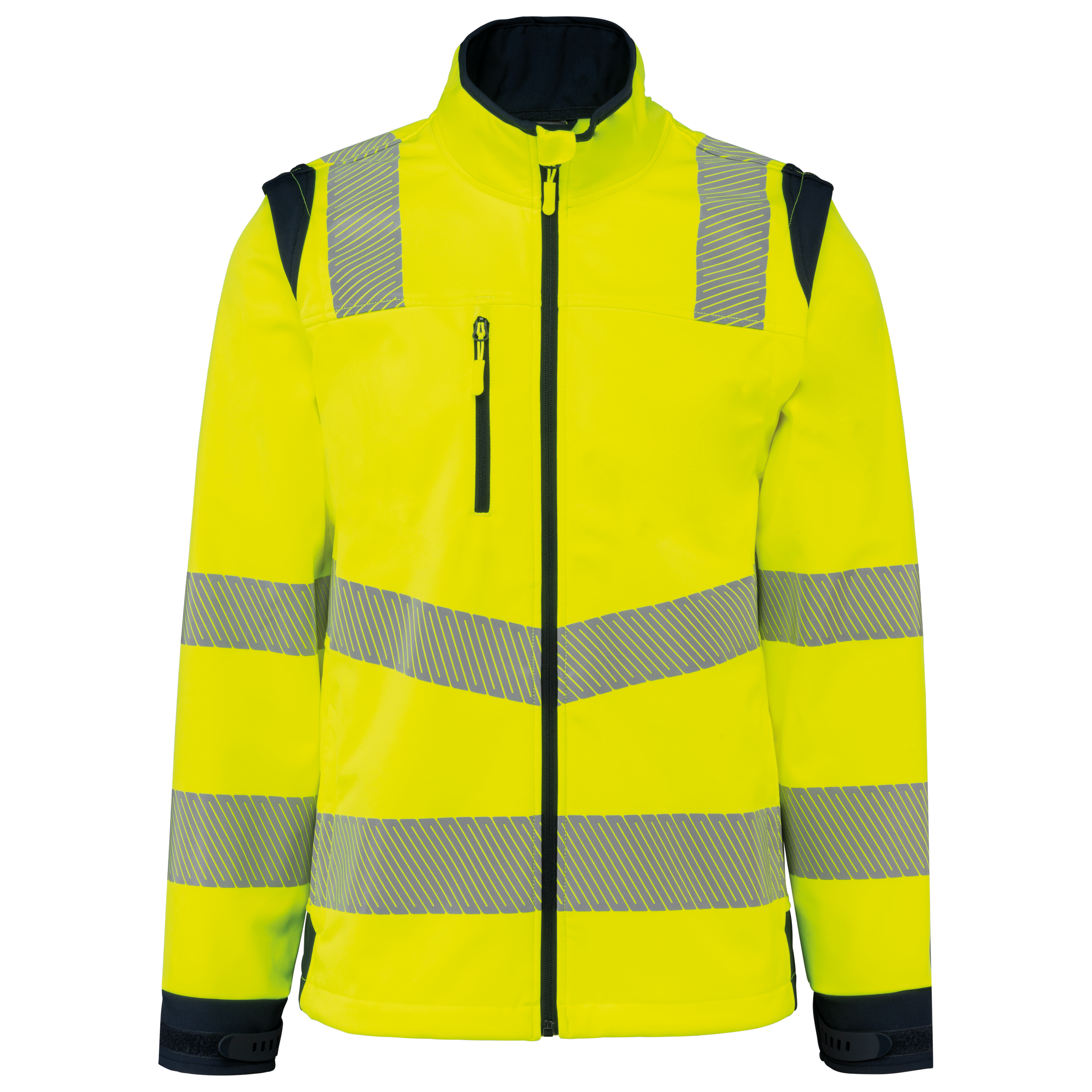 Casaco softshell de segurança em material reciclado com mangas amovíveis unissexo - Amarelo de alta visibilidade / Azul marinho