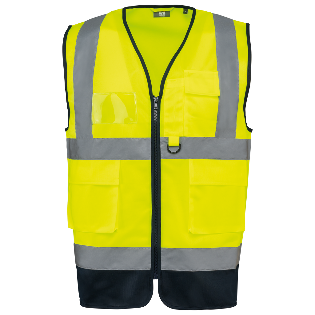 Colete de segurança de alta visibilidade em material reciclado com fecho unissexo - Amarelo de alta visibilidade / Azul marinho