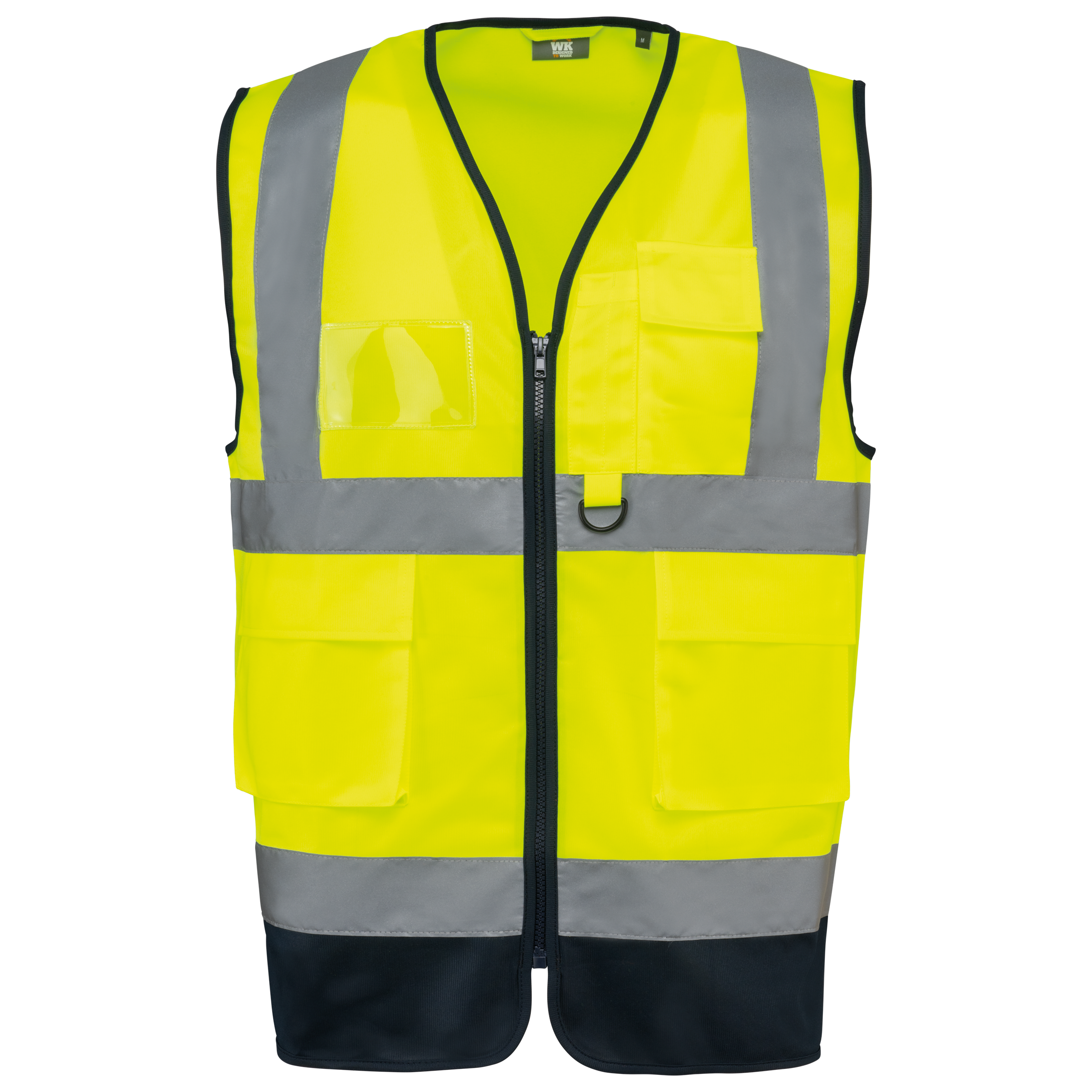 Colete de segurança de alta visibilidade em material reciclado com fecho unissexo - Amarelo de alta visibilidade / Azul marinho