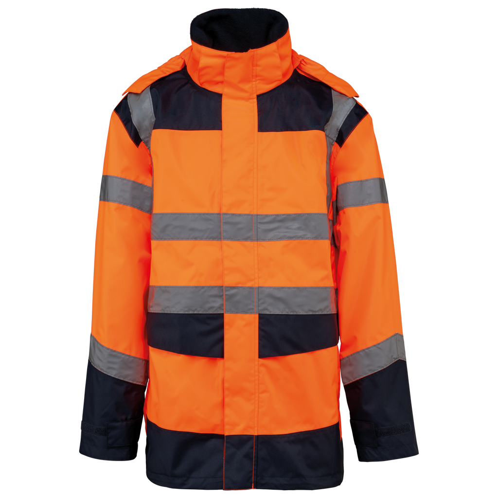 Parka de segurança em material reciclado 4 em 1 unissexo - Laranja de alta visibilidade / Azul marinho