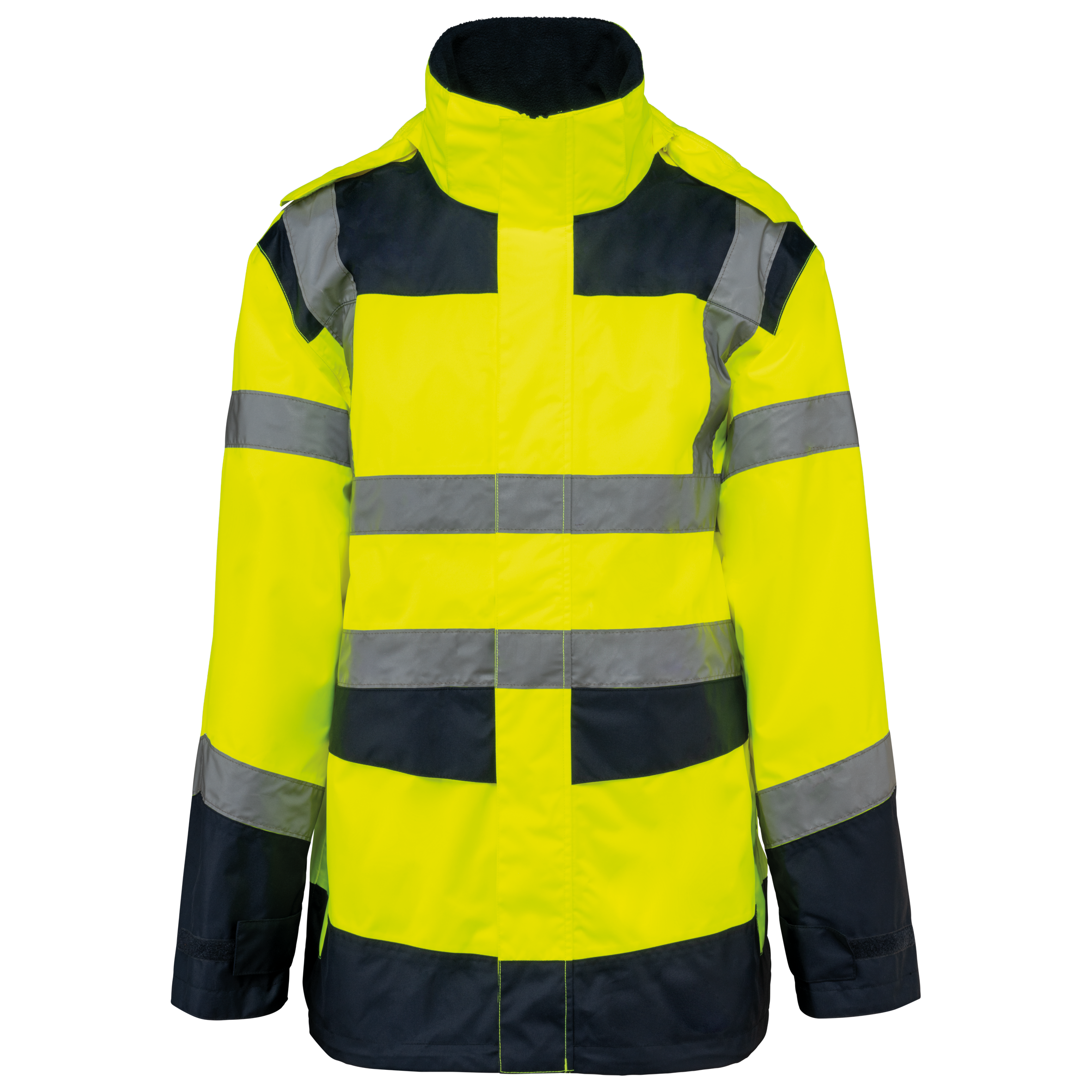 Parka de segurança em material reciclado 4 em 1 unissexo - Amarelo de alta visibilidade / Azul marinho