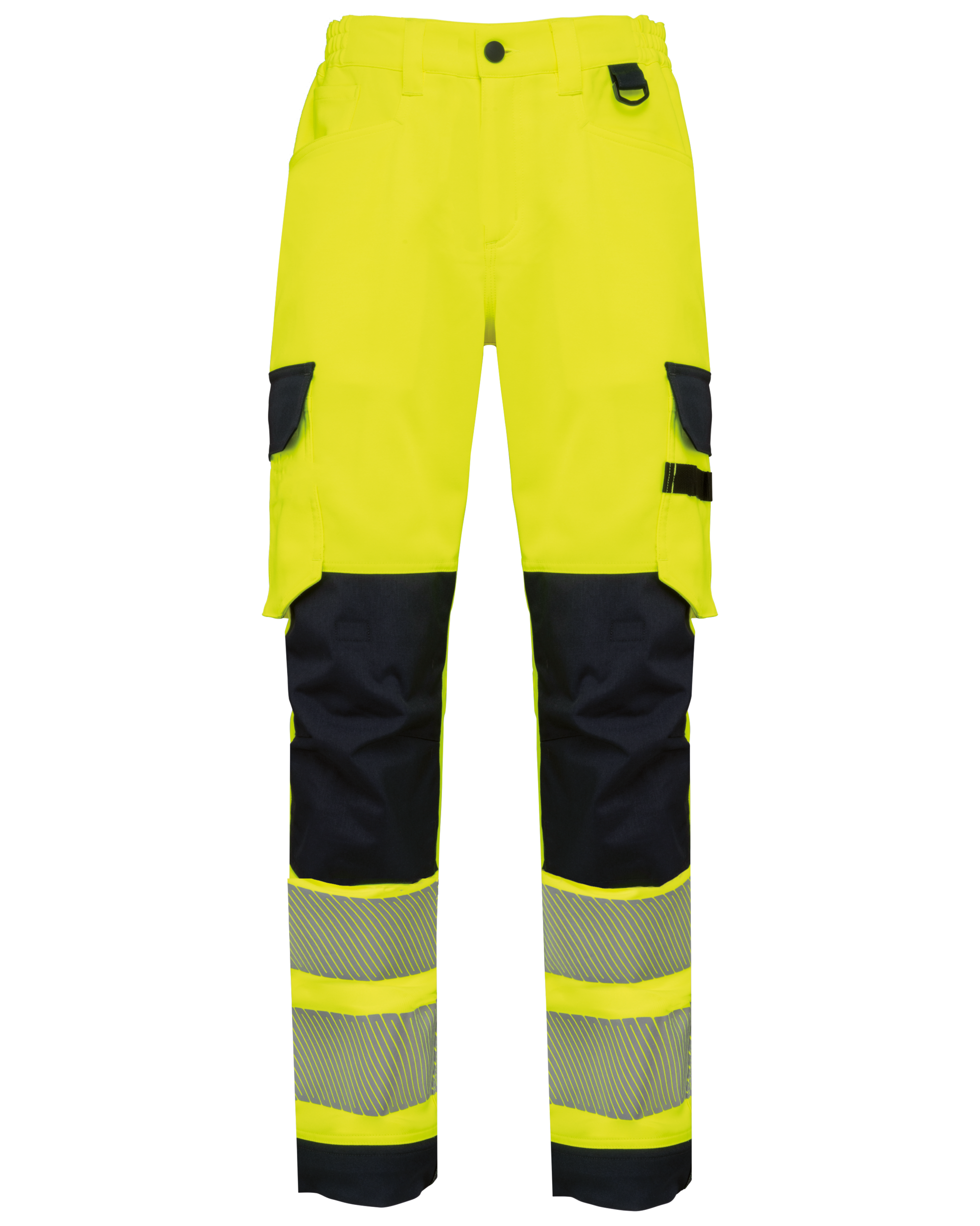 Calças de segurança em material reciclado multibolsos unissexo - Amarelo de alta visibilidade / Azul marinho