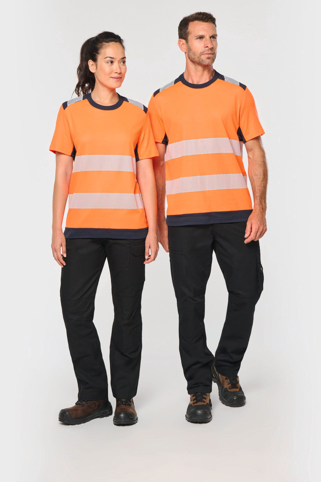 T-shirt de segurança em material reciclado manga curta unissexo - Laranja de alta visibilidade / Azul marinho