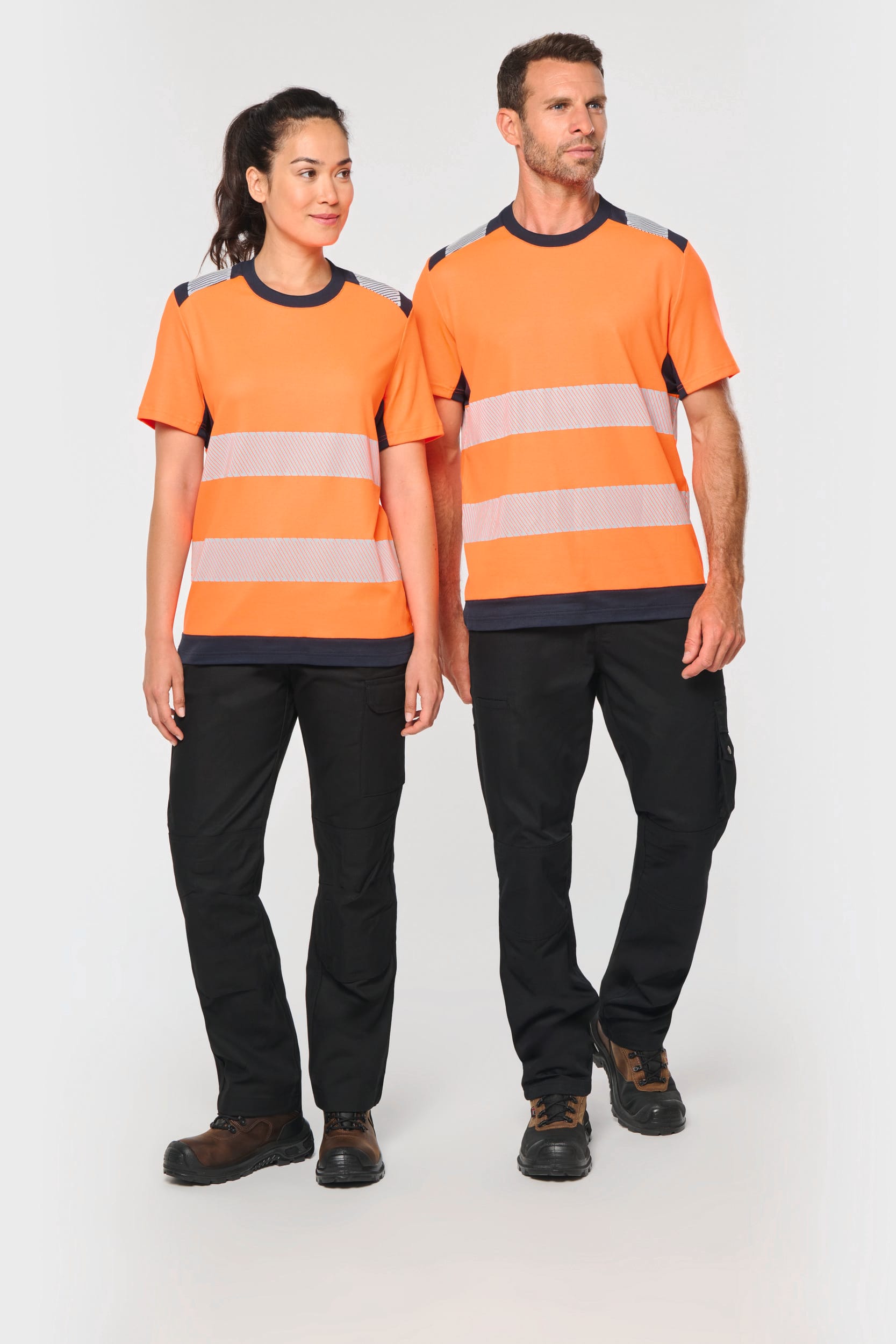 T-shirt de segurança em material reciclado manga curta unissexo - Laranja de alta visibilidade / Azul marinho