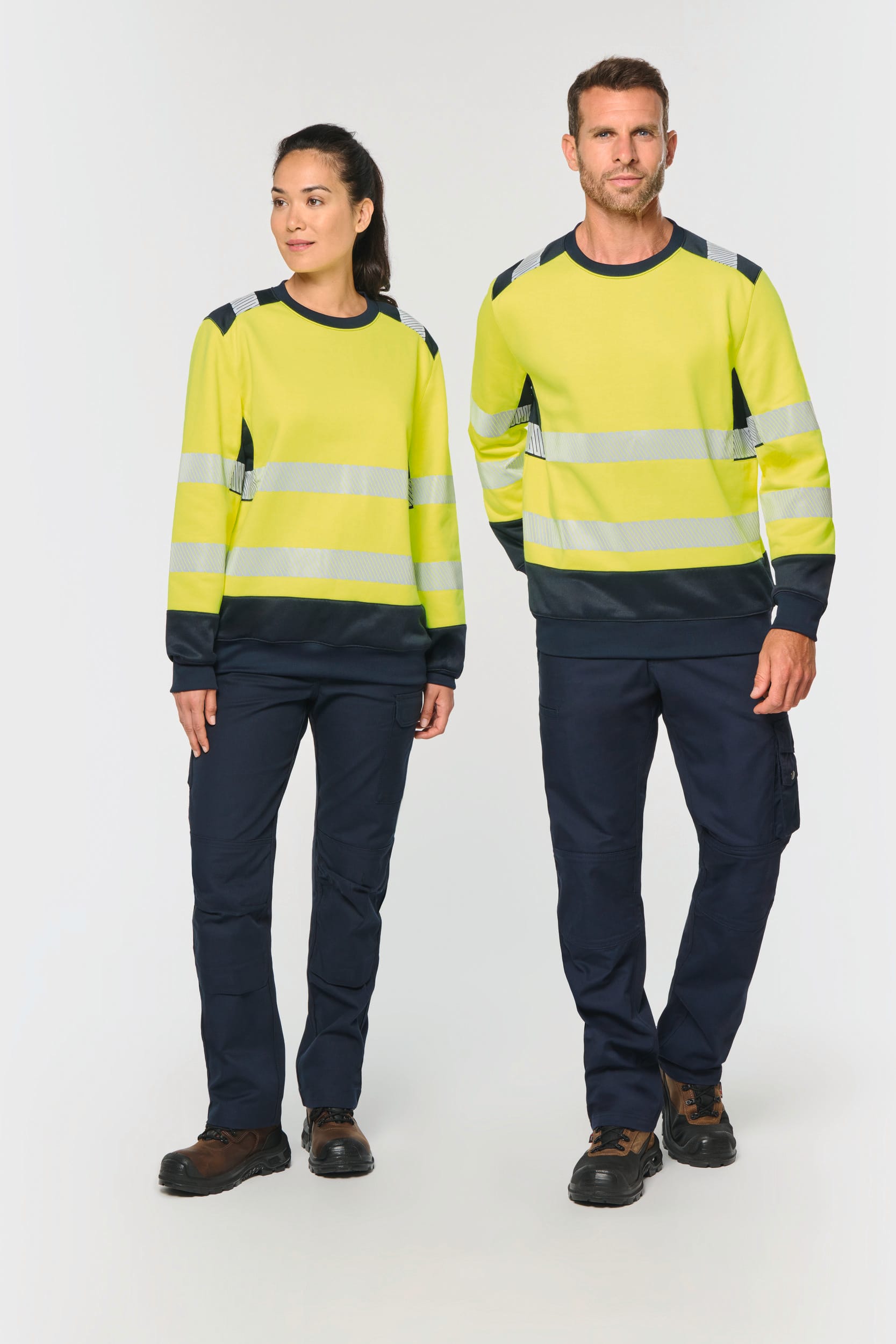 Sweatshirt de segurança em material reciclado decote redondo unissexo - Laranja de alta visibilidade / Azul marinho