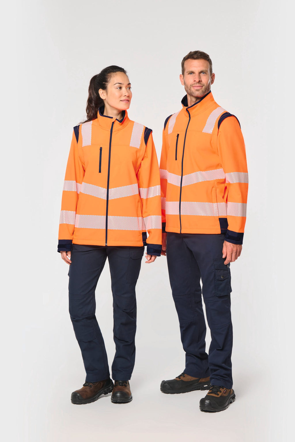 Casaco softshell de segurança em material reciclado com mangas amovíveis unissexo - Laranja de alta visibilidade / Azul marinho