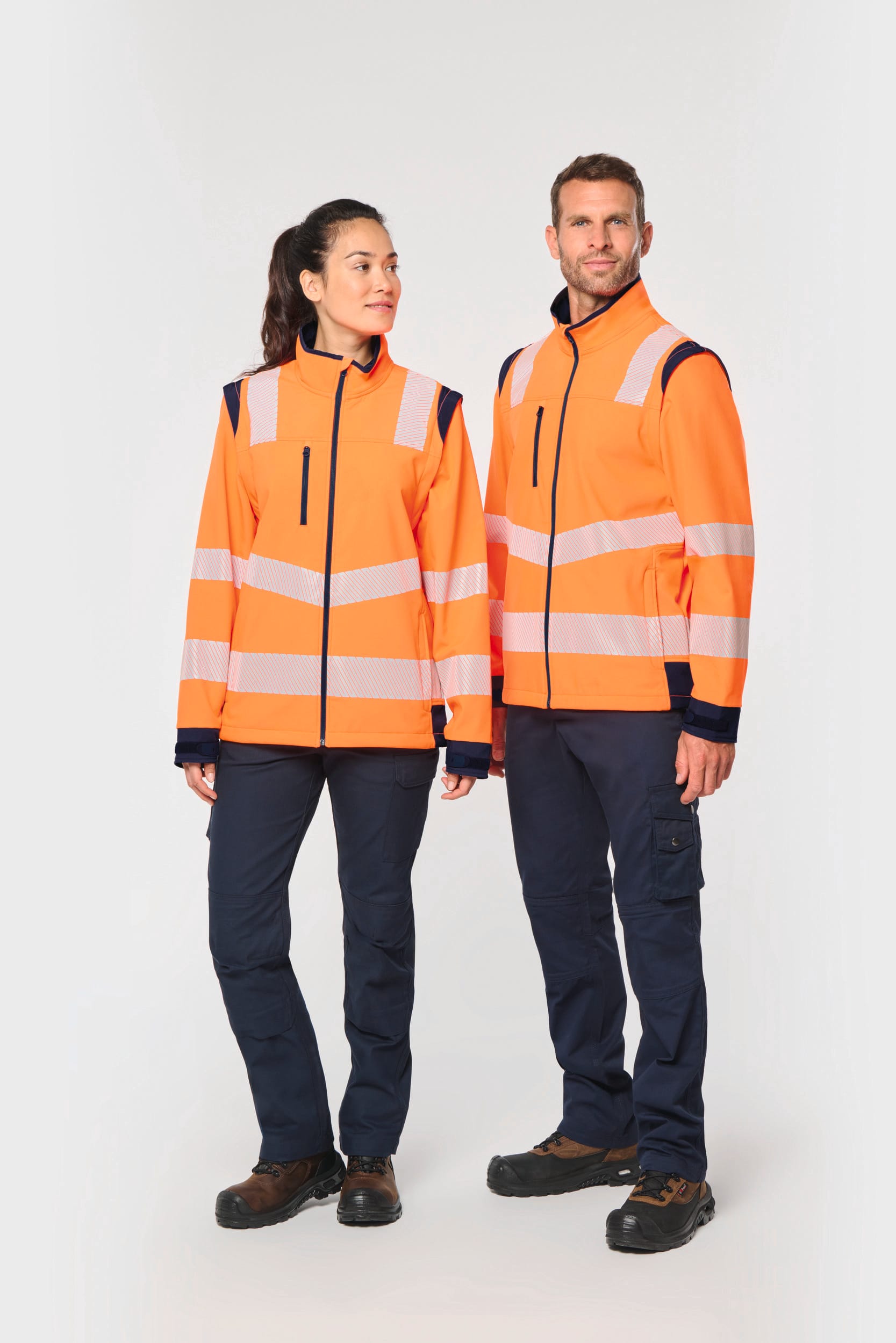 Casaco softshell de segurança em material reciclado com mangas amovíveis unissexo - Laranja de alta visibilidade / Azul marinho