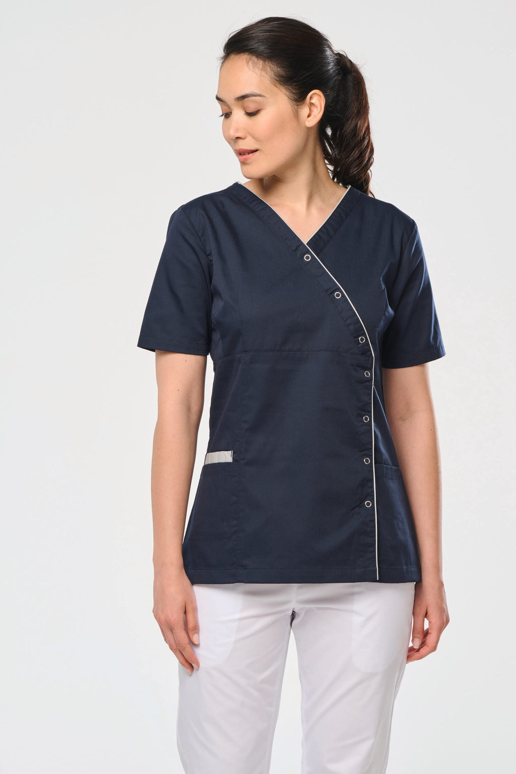 Bata poliéster/algodão com molas de pressão de senhora - Preto