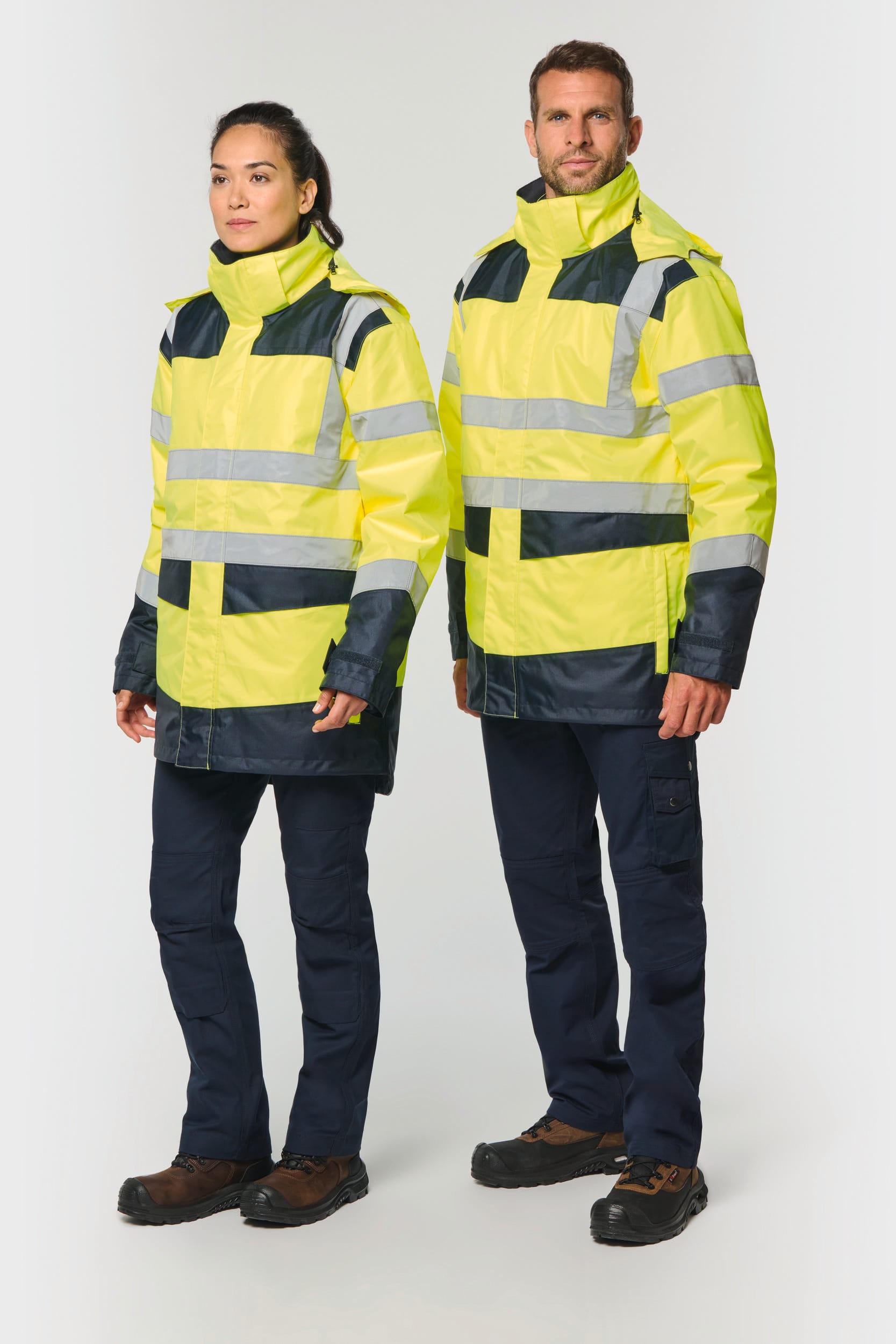Parka de segurança em material reciclado 4 em 1 unissexo - Laranja de alta visibilidade / Azul marinho