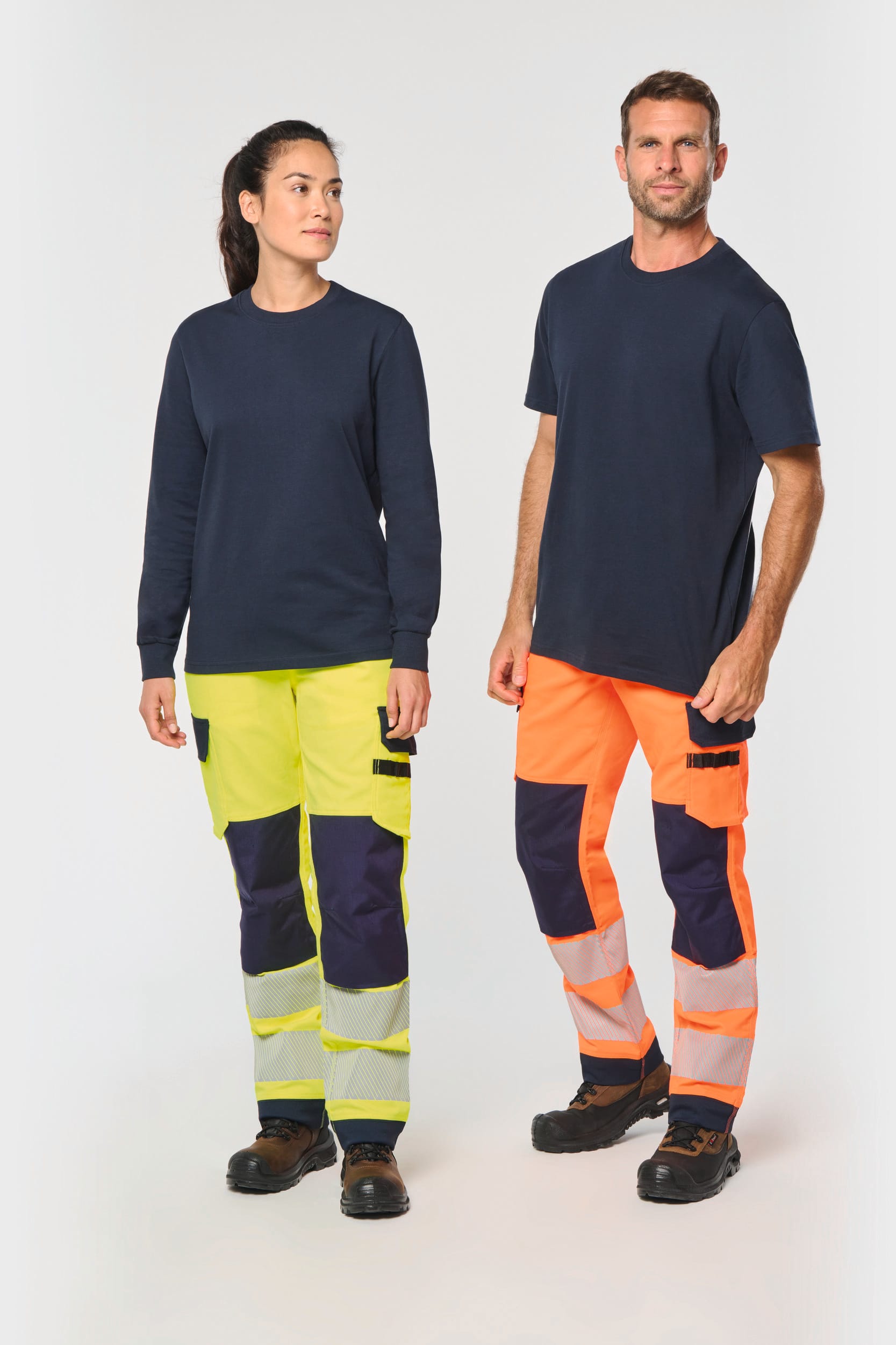 Calças de segurança em material reciclado multibolsos unissexo - Laranja de alta visibilidade / Azul marinho